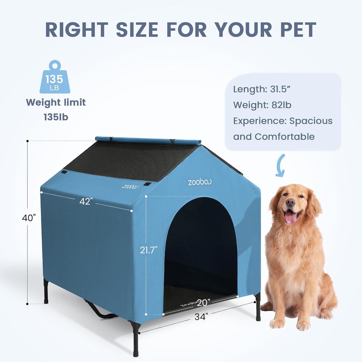 42" 2-in-1 Dog House for Medium Dogs, Elevted Dog House Outdoor/Indoor, Puppy Shelter Outside,Water Resistant 600D PVC and Durable 2x1 Textilene Raised Dog Bed(Blue)