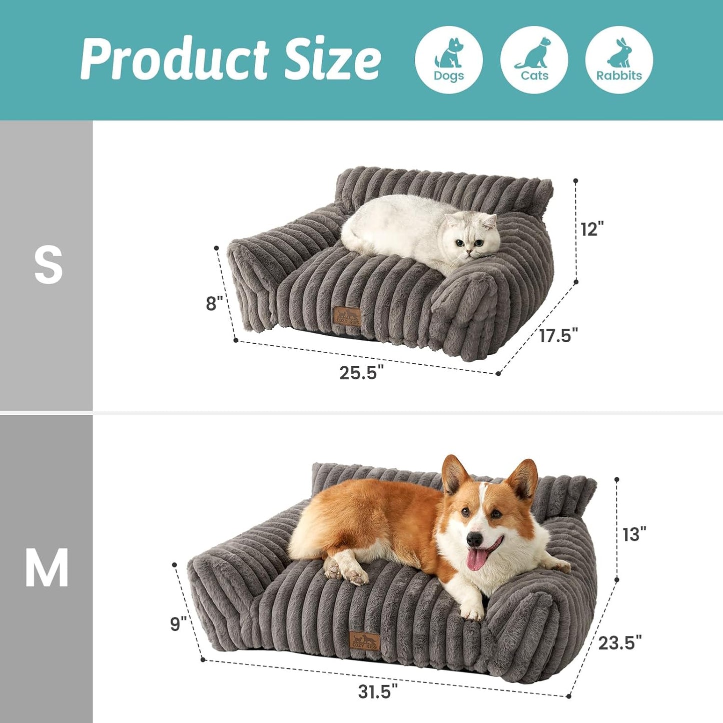 Cute Cat Couch, Premium Plush Faux Fur Pet Couch Bed, Ultra-Soft Pet Furniture for Cats & Small Dogs (Grey, M: 31.5''x23.5'')