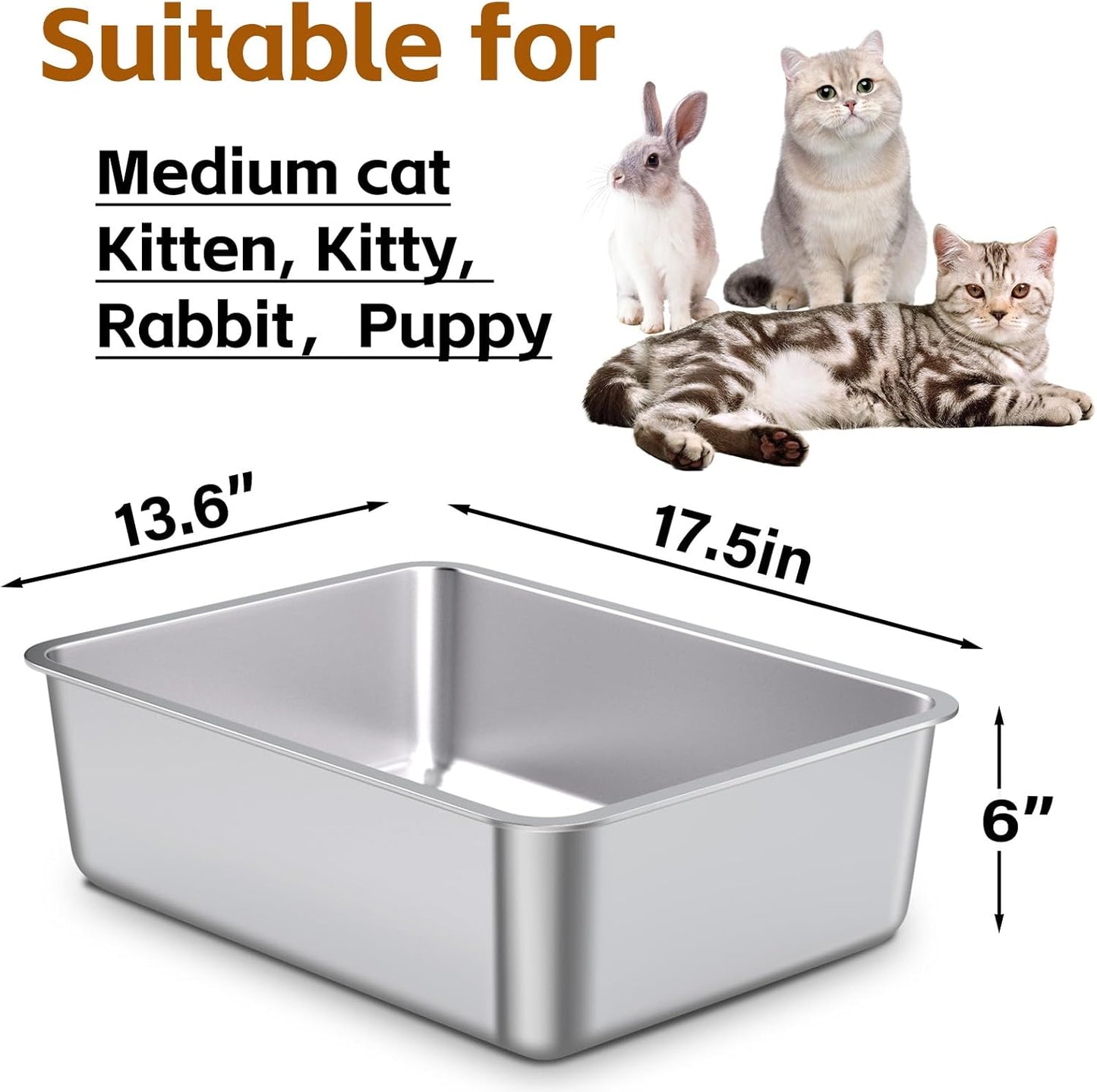 Stainless Steel Cat Litter Box,Metal Litter Box,Cat Litterbox for Kitten, Kitty, Rabbit, 6" High Side Cats Litter boxs,Large Stainless Steel LitterBox, No Smell,Non Stick,Easy to Clean