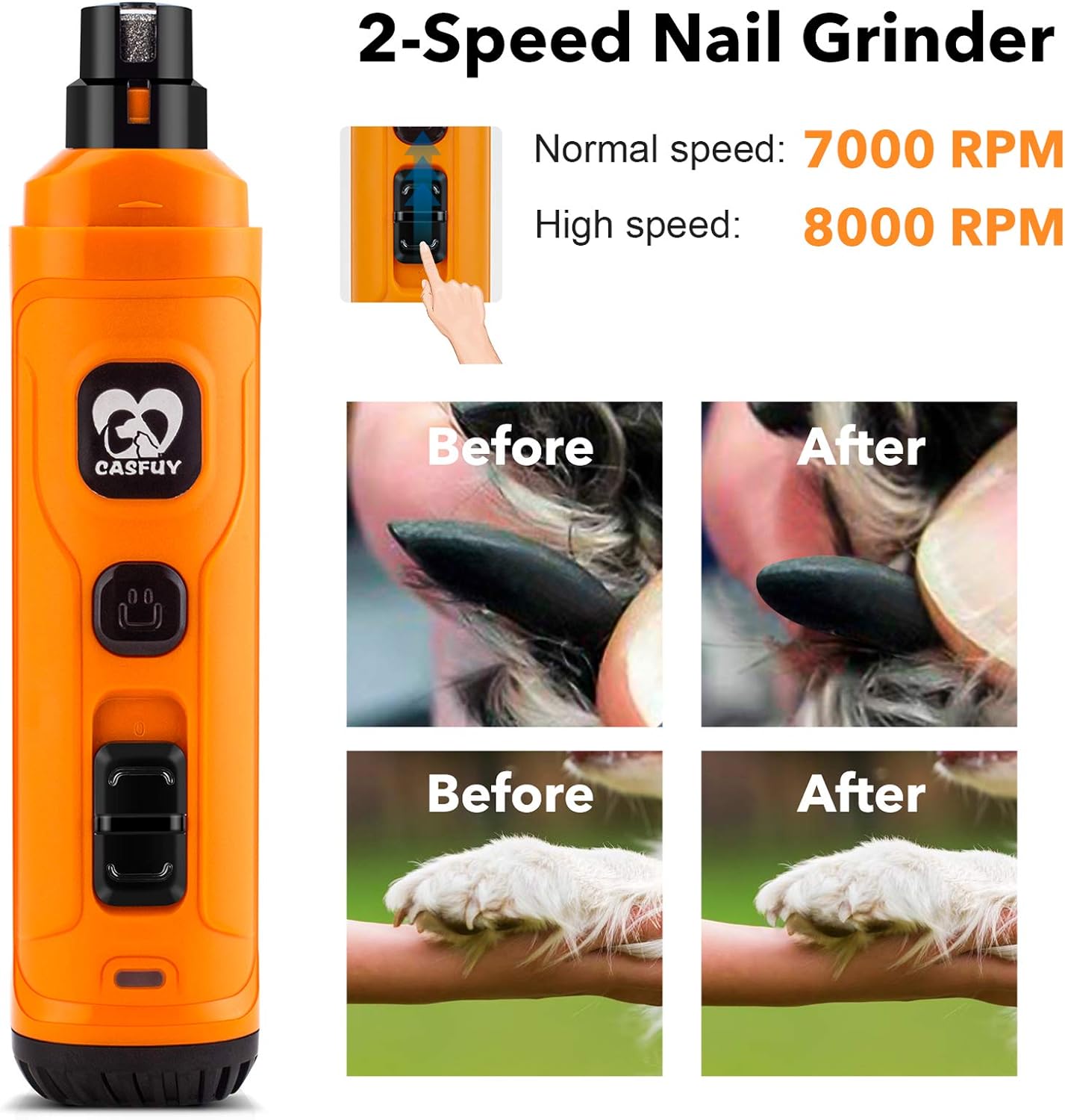 Casfuy Dog Nail Grinder with 2 LED Light - New Version 2-Speed Powerful Electric Pet Nail Trimmer Professional Quiet Painless Paws Grooming & Smoothing for Small Medium Large Dogs and Cats (Orange)