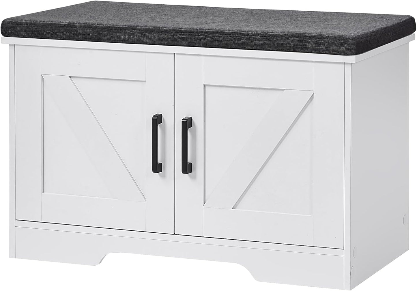 2-Tier Storage Bench, Shoe Bench with Padded Seat Cushion, Entryway Bench with 2 Barn Doors, Adjustable Shelf, 13.8" D x 27.6" W x 17.7" H, for Entryway, Living Room, Bedroom, White