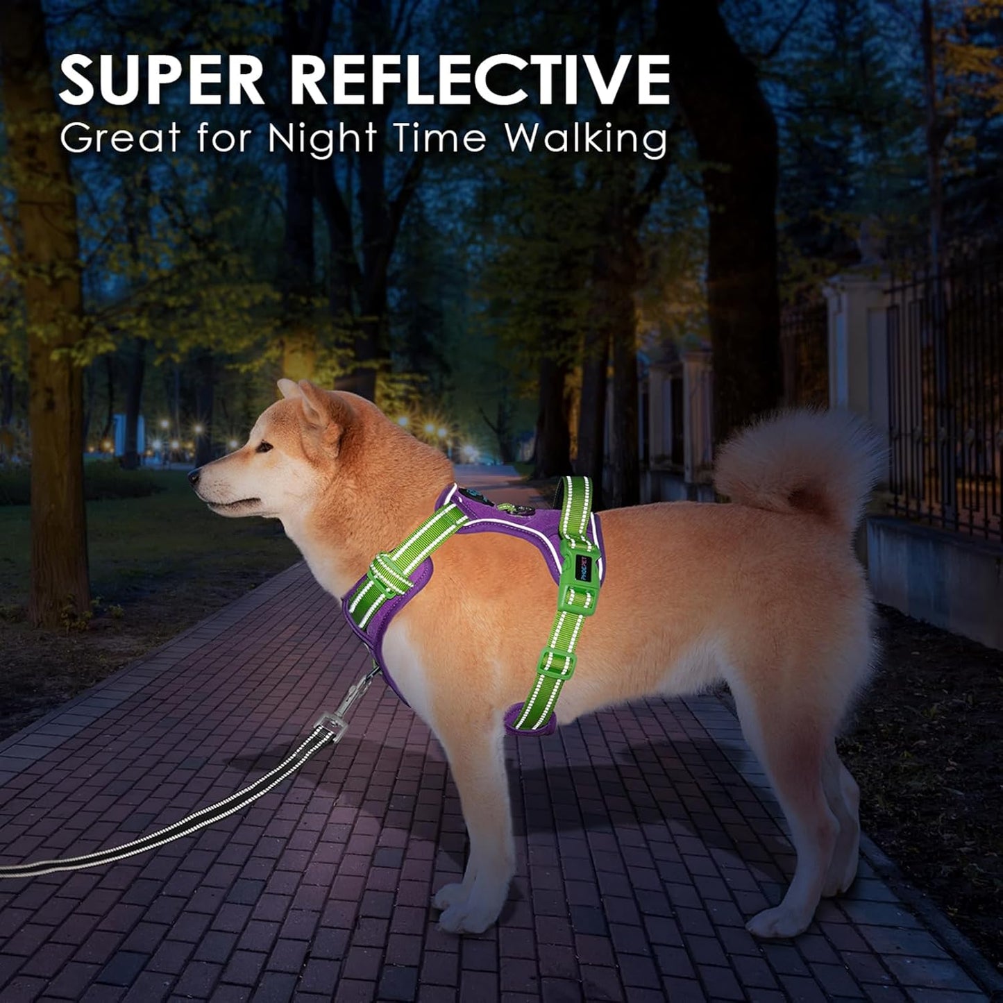 PHOEPET No Pull Dog Harness, Unique Colors Reflective Adjustable Dog Vest, with Soft Training Handle Metal Clips for Small Medium Large Dogs (Purple Base & Green Straps,XL)