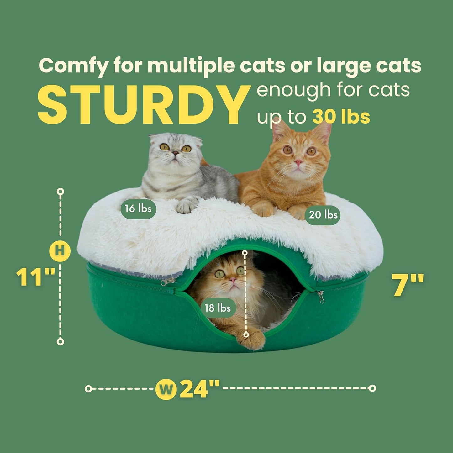 CATTASAURUS Peekaboo Cat Cave for Multiple & Large Cats Up to 30-45 Lbs, Fluffy Cat Beds & Furniture, Scratch Detachable & Washable Tunnel Bed, Comfy Donut Bed (Forest Green, Large (Calming))