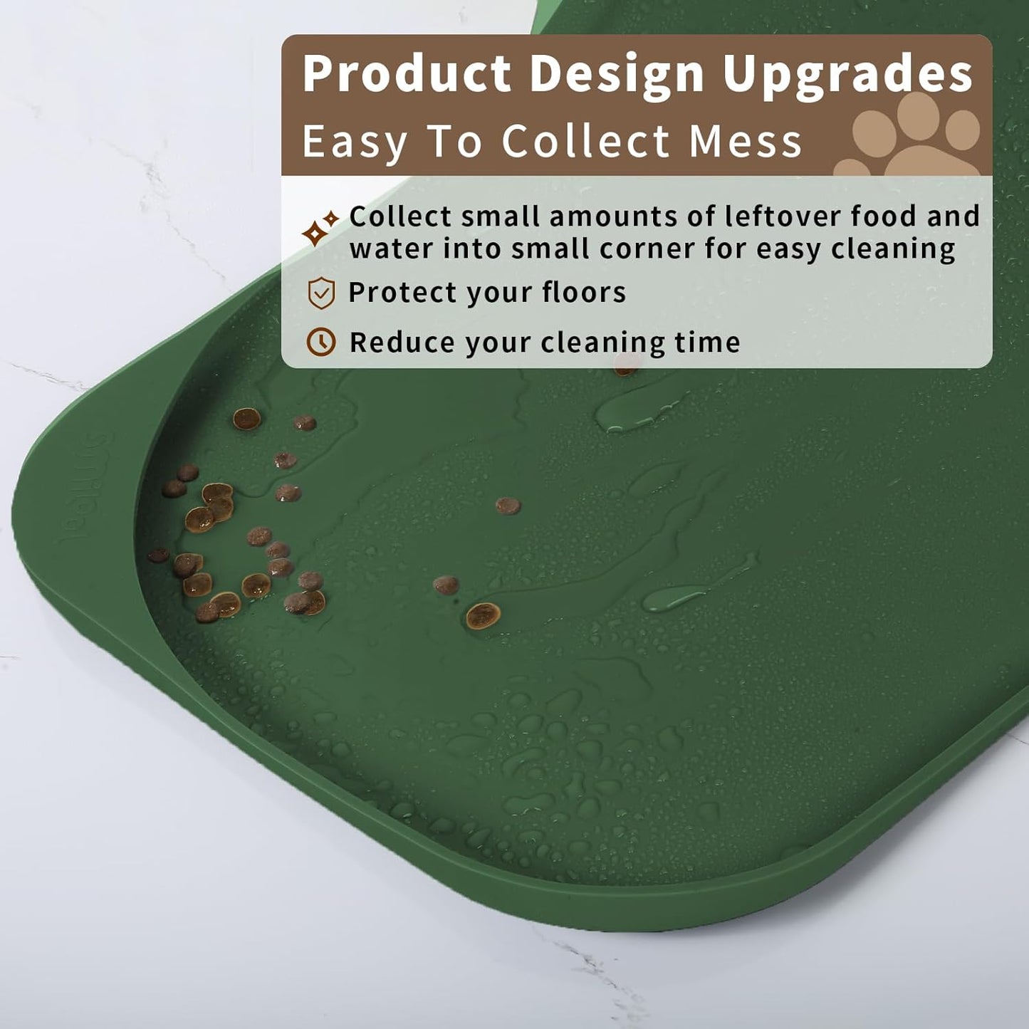 Silicone Pet Feeding Mat with Raised Edge & Residue Collection Pocket for Food and Water, Dog Bowl Mats, Cat Bowls Placemat with High Lip for Floor Waterproof, 19 x 12 x 0.7 Dark Olive