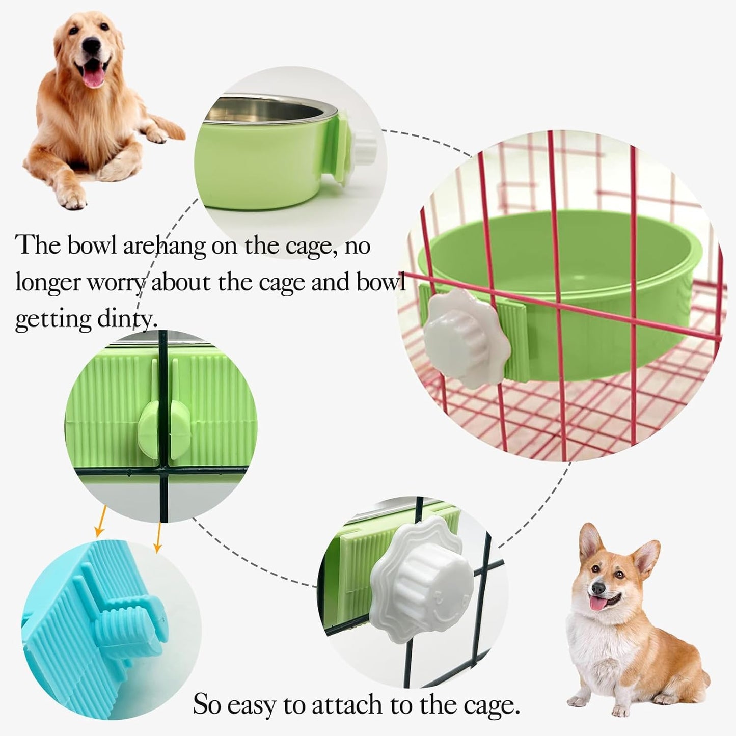 kathson Crate Dog Bowl 2pcs, Removable Stainless Steel Hanging Pet Kennel Cage Bowl Food & Water Feeder Coop Cup for Puppy, Cat, Rabbit,Guinea Pigs Large (Blue,Green)