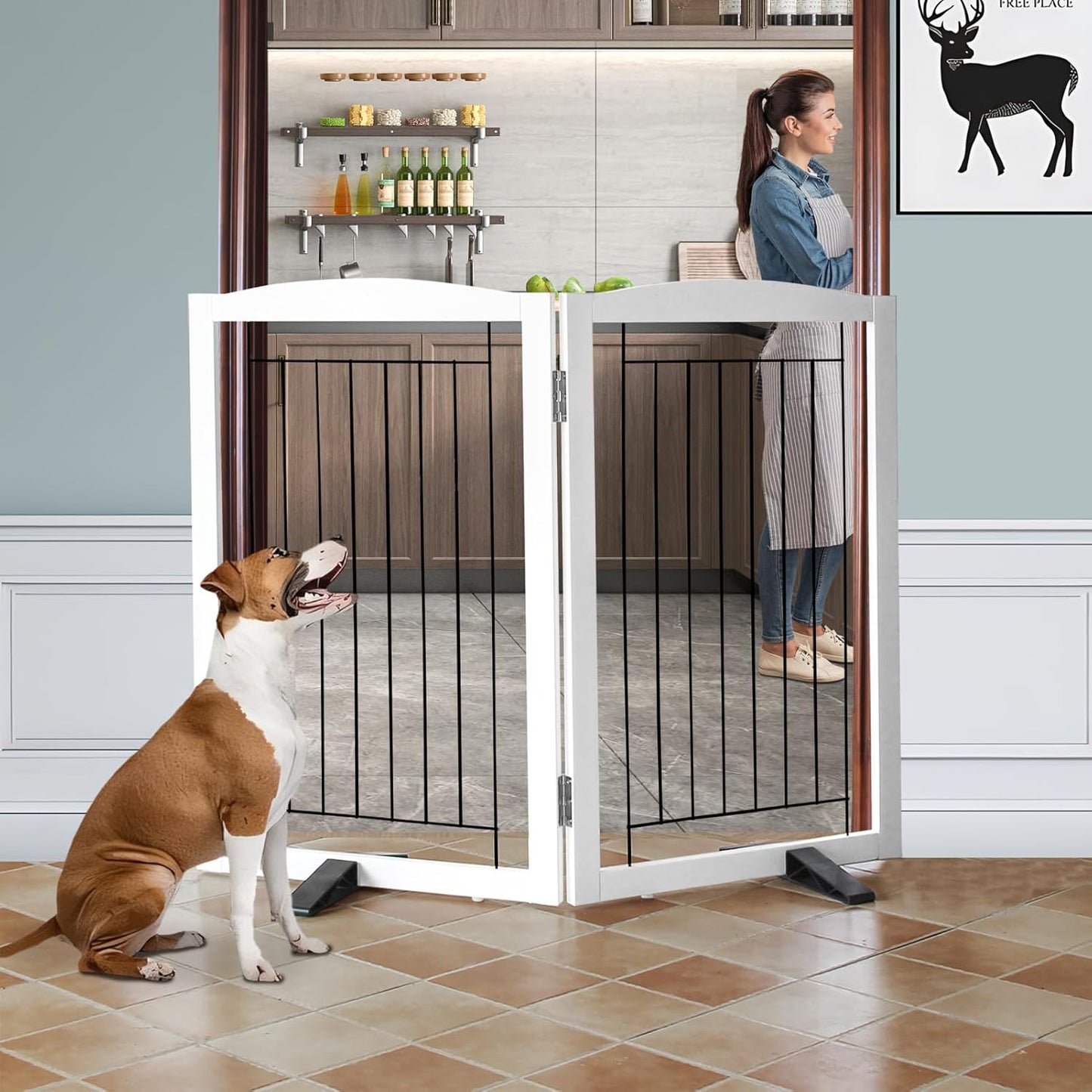 ZJSF Freestanding Dog Fence Indoor, Foldable Dog Gate for Doorways, Stairs or Hallways, Sturdy Wood Extra Wide Pet Gate with Support Feet for The House, White, 32 "Height-2 Panels