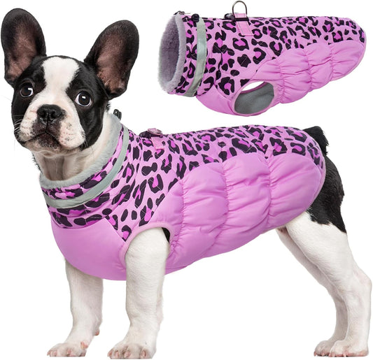 FUAMEY Dog Coat for Medium Dogs,Waterproof Dog Winter Jacket with Harness Built in Puppy Cold Weather Coats Reflective Pet Vest with Zipper Warm Fleece Dogs Snowsuit Windproof Pink Leopard M