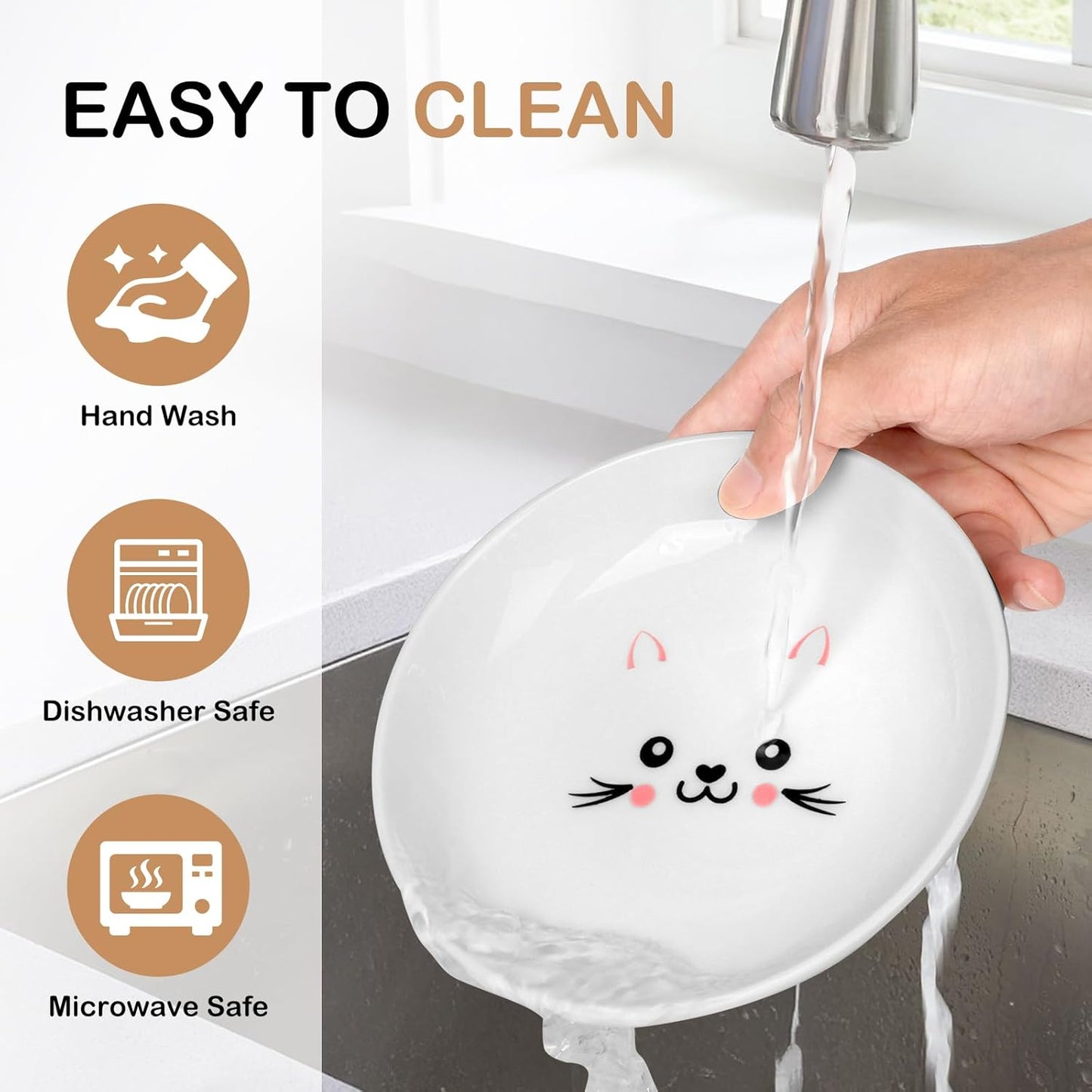 TRUVIC 4 Pack Ceramic Cat Food Bowls, 5.9 Inch Ceramic Cat Dishes Set for Indoor Cats and Small Dogs, Anti Whisker Fatigue Kitten Bowls, Wide Shallow Kitten Plates for Food and Water (Cute Face)