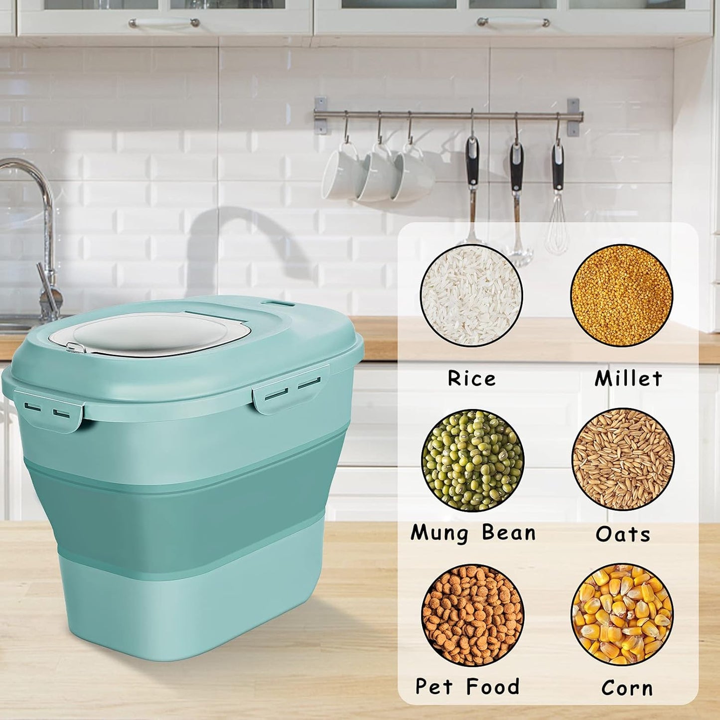Cereal Rice Food Storage Containers, Collapsible 20 to 50 Lbs Dispenser Bin with Rolling Wheel Airtight Locking Lid, Dog Pet Cat Flour Sugar Plastic Leakproof Sealable Large Kitchen Pantry Holder