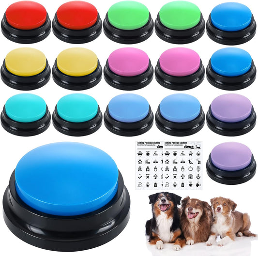 Jerify 16 Pieces Dog Buttons for Communication Voice Recordable Cat Dog Talking Buzzers Set with Stickers 30 Seconds Pet Speech Training Buttons for Pet Cat Training Interactivity(Classic Colors)