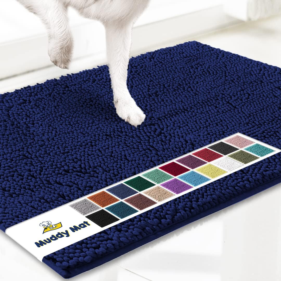 Muddy Mat® Shown on TV – Super Absorbent Microfiber Dog Door Mat for Muddy Paws, Non-Slip Washable Pet Rug, Quick Dry Chenille Entryway Carpet, Machine Washable Indoor Outdoor mat, Navy Blue 28"x18"