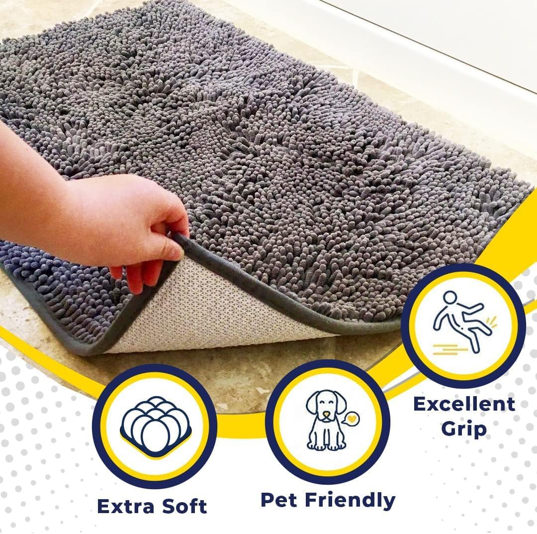 Muddy Mat® AS-SEEN-ON-TV Highly Absorbent Microfiber Door Mat and Pet Rug, Non Slip Thick Washable Area and Bath Mat Soft Chenille for Kitchen Bathroom Bedroom Indoor and Outdoor - Grey 6ft x 9ft