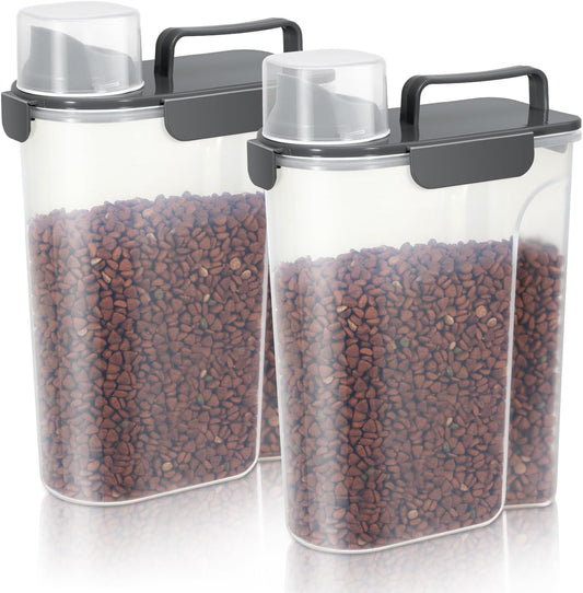 5-7Lbs Cat Dog Storage Container, Portable Pet Food Containers with Upgraded Large Spout and Cup, Small Animal Kibble Dispenser for Bird Seed, Oatmeal, Rice, Flour (2, Dark Gray, 5L)