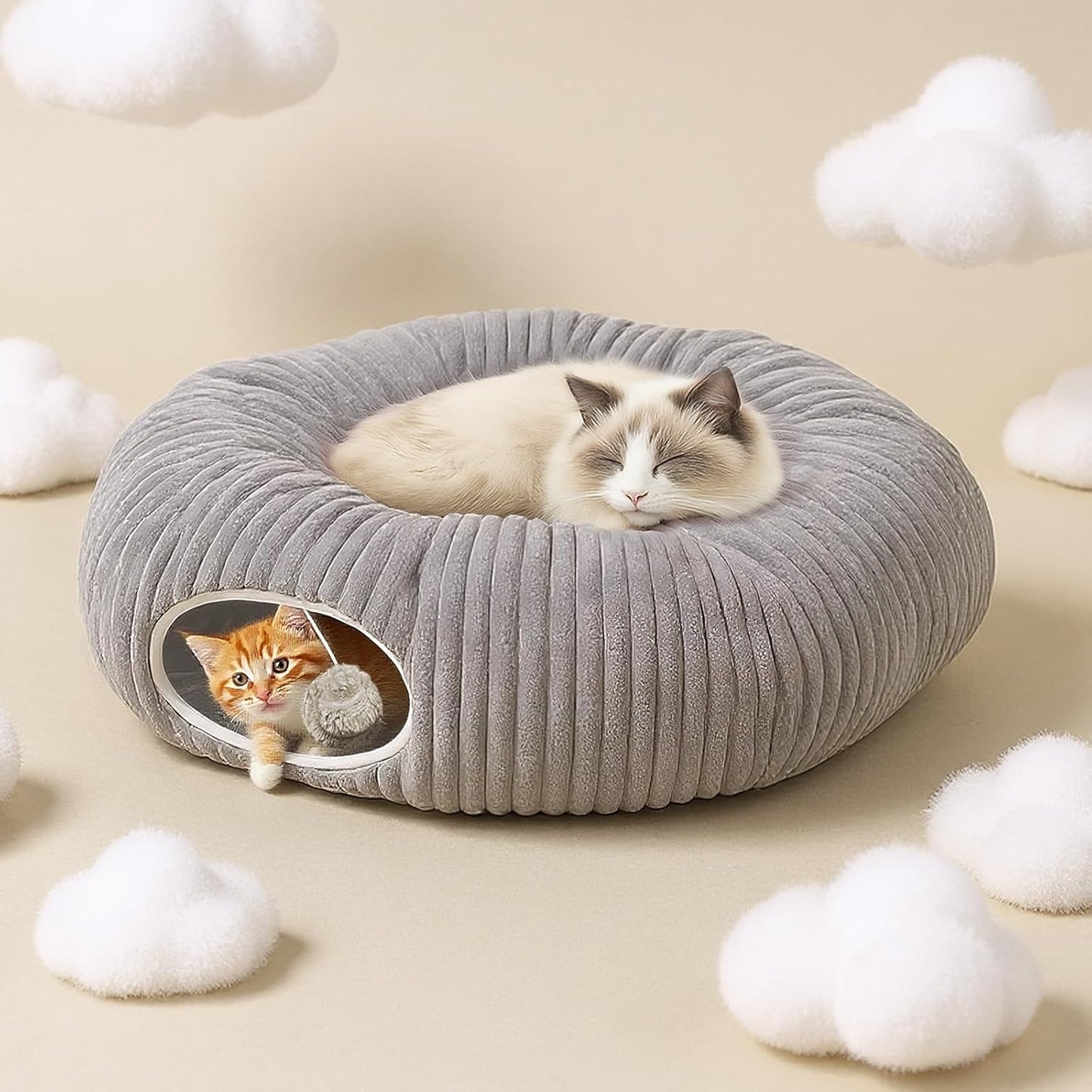 Cat Tunnel Bed for Indoor Cats, Peekaboo Cat Cave Bed,Soft Cat Donut Tunnel for Kitten Large Cats, Grey