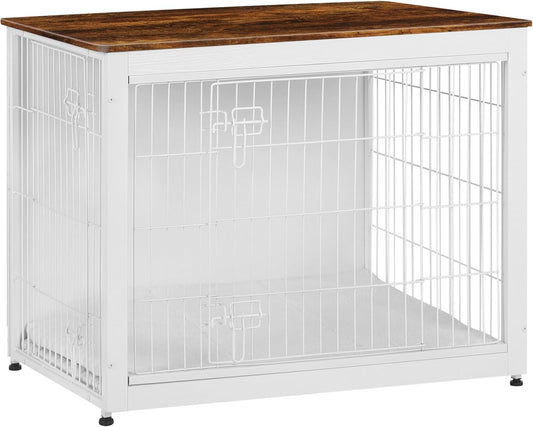 DWANTON Dog Crate Furniture with Cushion, Wooden Kennel Table with Double Doors, Indoor Dog House, Large Size, 38.5" L, White+Rustic Brown