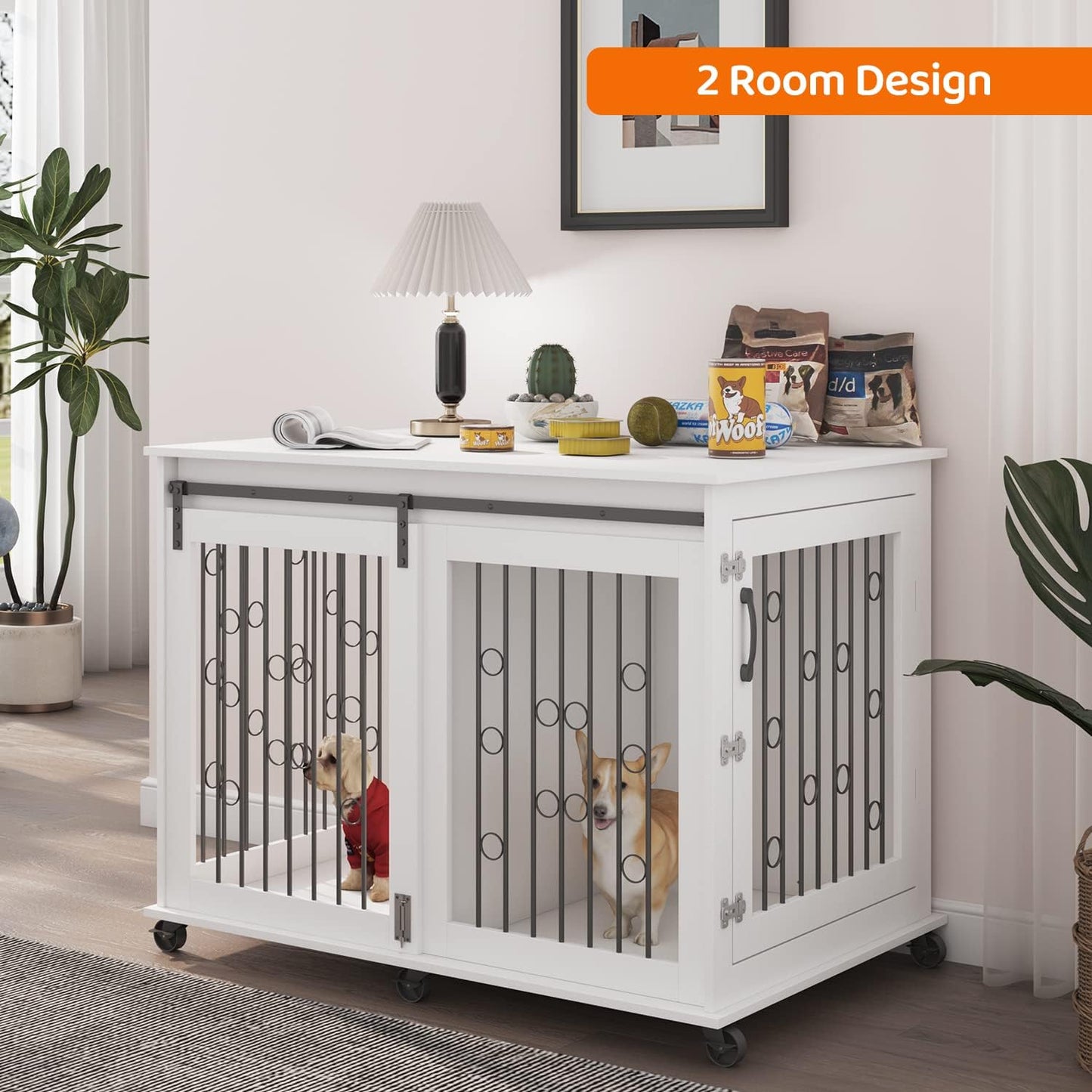 IchbinGo Large Dog Crate Furniture with Sliding Barn Door, 43.7" Wooden Dog Kennel End Table with Wheels and Flip-top Plate Dog House with Detachable Divider for Small/Medium/Large Dog (White)