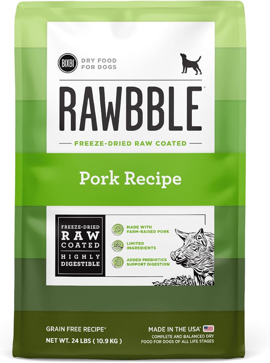 BIXBI Rawbble Dry Dog Food, Pork, 24 lbs - USA Made with Fresh Meat - No Meat Meal & No Corn, Soy or Wheat - Freeze Dried Raw Coated Dog Food - Minimally Processed for Superior Digestibility