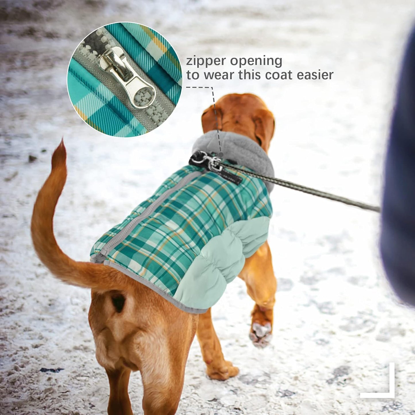FUAMEY Dog Coat for Large Dogs,Waterproof Dog Winter Jacket with Harness Built in Puppy Cold Weather Coats Reflective Pet Vest with Zipper Warm Fleece Dogs Snowsuit Windproof Green Plaid XXL