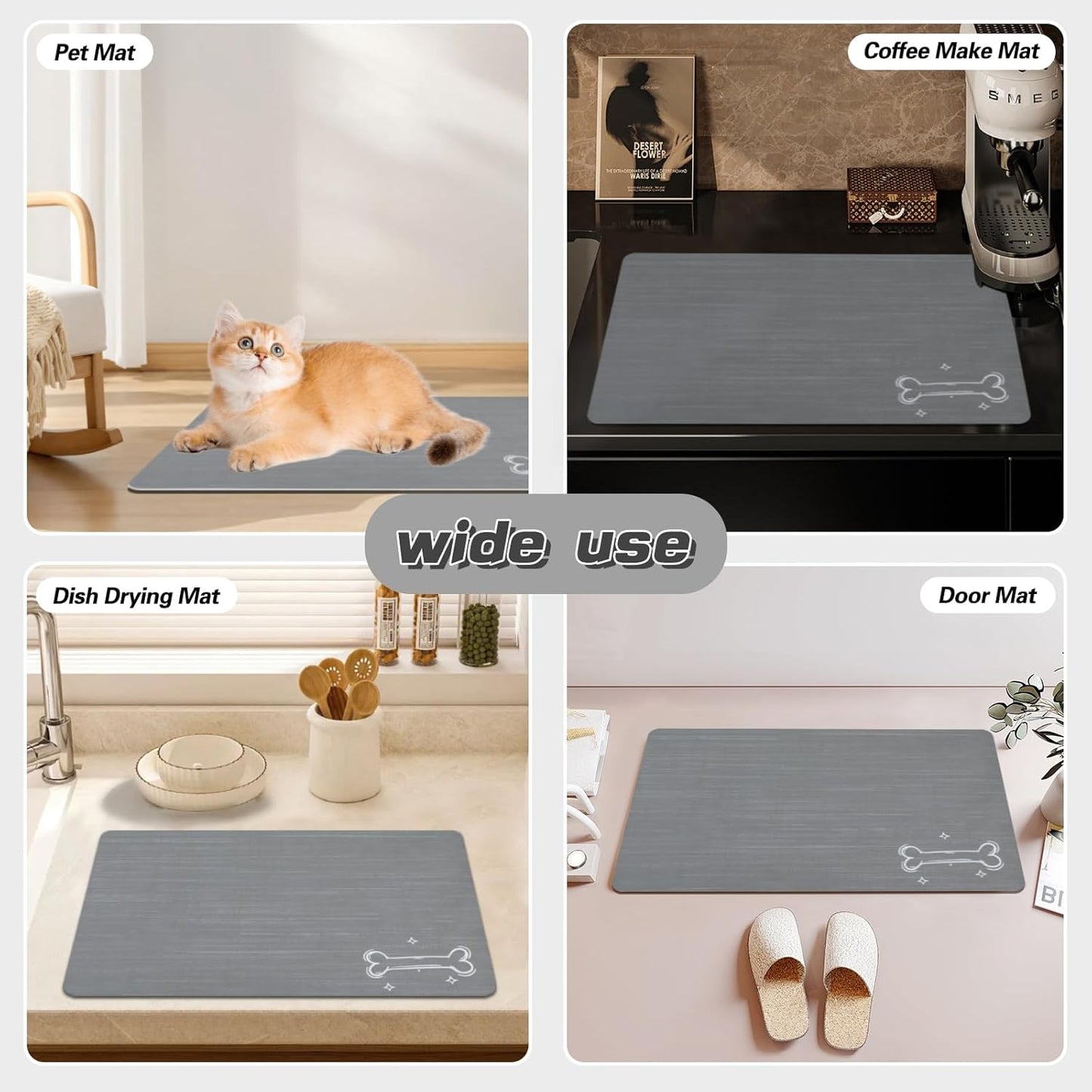 Le courant Dog Cat Feeding Mat,Water Absorbent, Non Slip Placemat for Pets Bowl and Water,100% Waterproof Feeding Mats for Multiple Breeds.Grey.Bone Printing