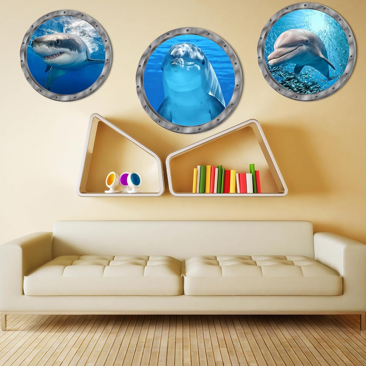 Ocean Animals World Under Sea Decor Includ Dolphins Sharks 3 Pcs Removable 3D Peel and Stick Vinyl Stickers for Bathroom,Wall Decor,Wall Stickers,Bedroom,Furniture