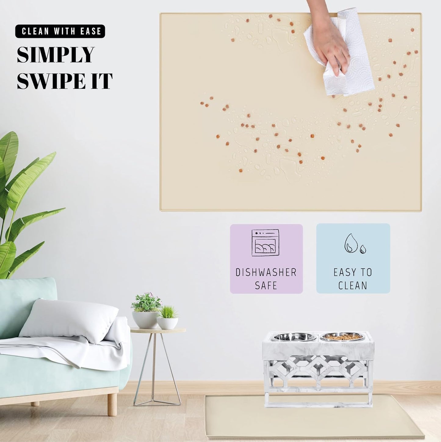 AVERYDAY 32x24'' Silicone Dog Mat for Food and Water, 0.63'' Edge Dog Food Bowl Mats for Floor Waterproof, Dogs Water Mat for Sloppy Drinker, Non Slip Rubber Pet Feeding Mats for Indoor Dogs and Cats