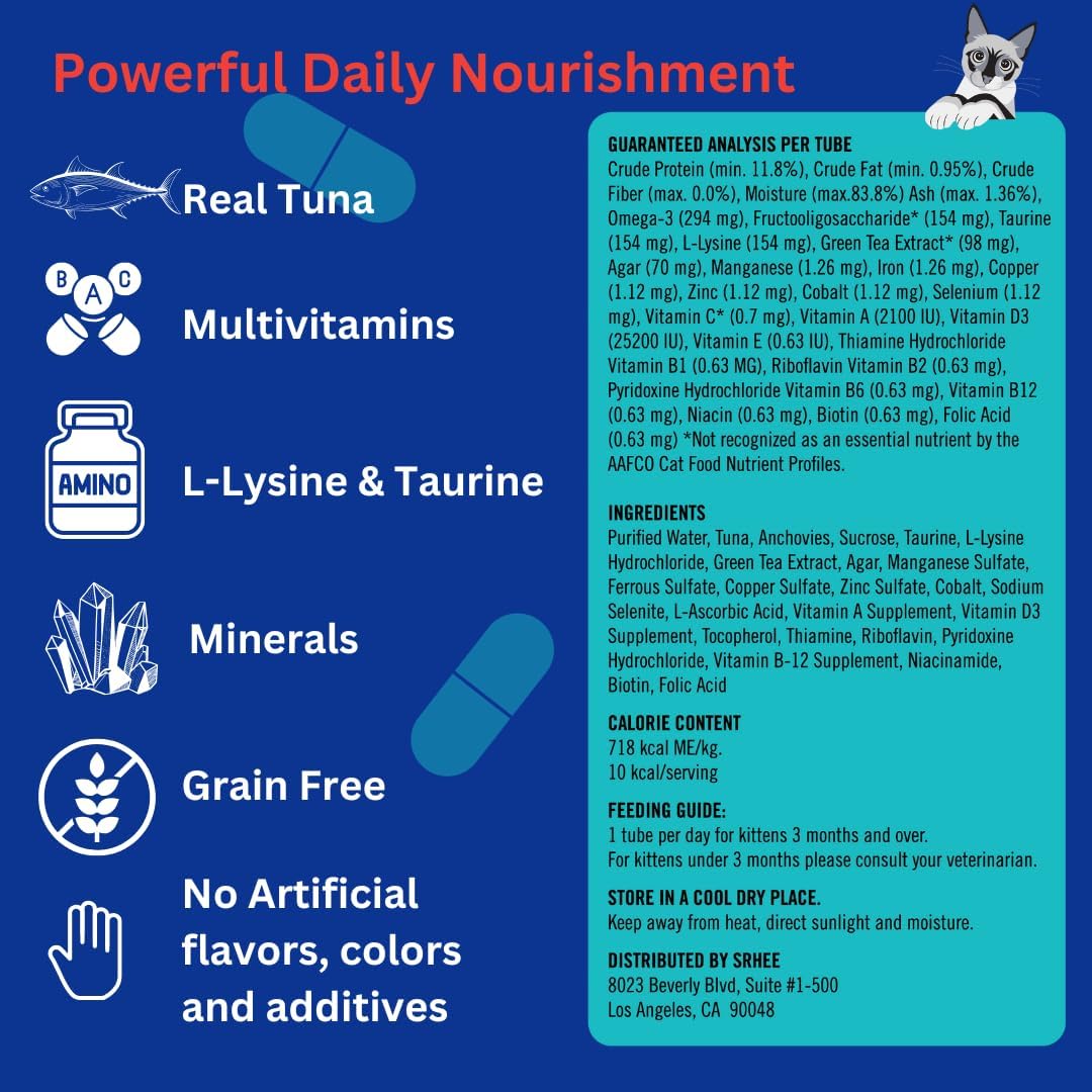 Lickable Cat Treats -Real Tuna Multivitamin Puree with Lysine & Taurine for Indoor Cats | Grain-Free, Squeeze Tube (12 Pack)