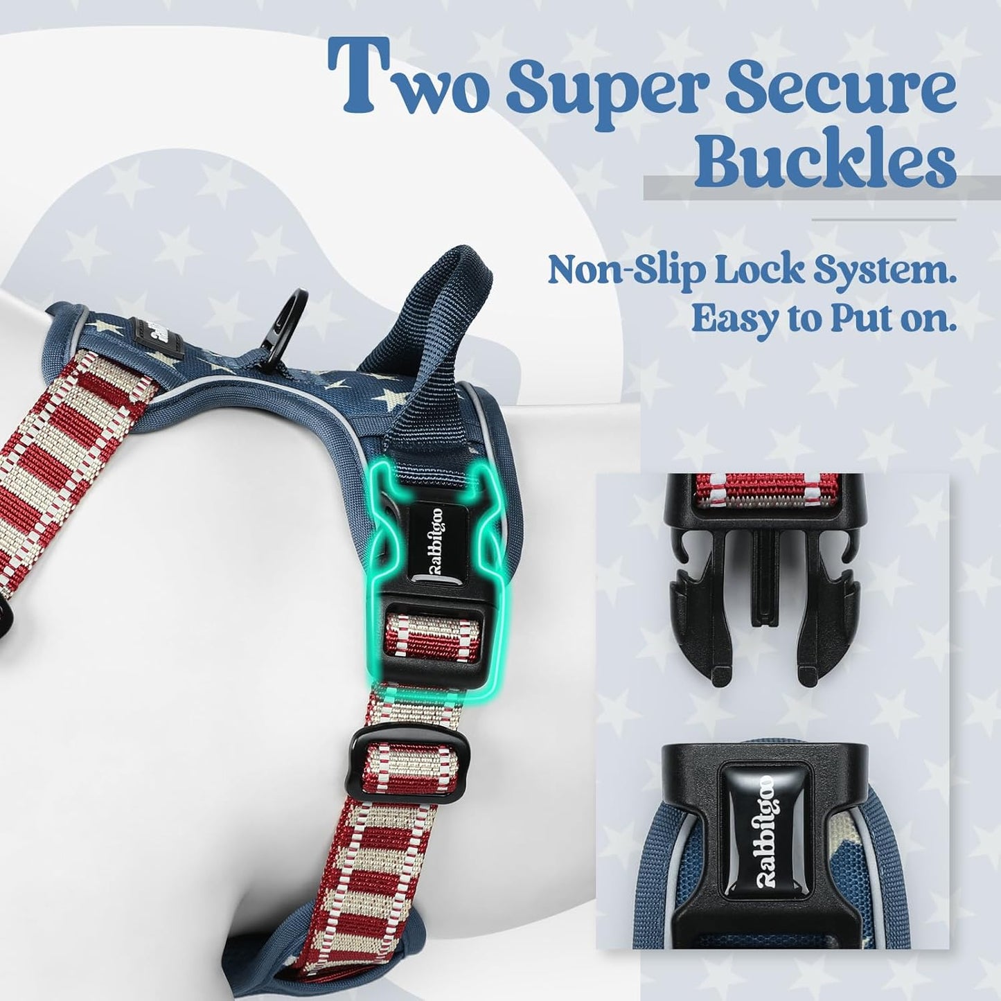 rabbitgoo Dog Harness No Pull with 2 Leash Clips, Adjustable Soft Padded, Reflective Oxford No Choke Pet Vest with Easy Control Handle for Large Dogs, Blue Star, M