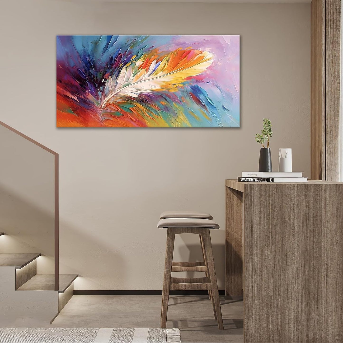 Large Abstract Wall Art for Living Room Abstract Colorful Feather Big Space Size Feather Scenery Landscape Framed Canvas Prints Pictures Painting Artwork Office Bedroom Home Decor 30"x60"
