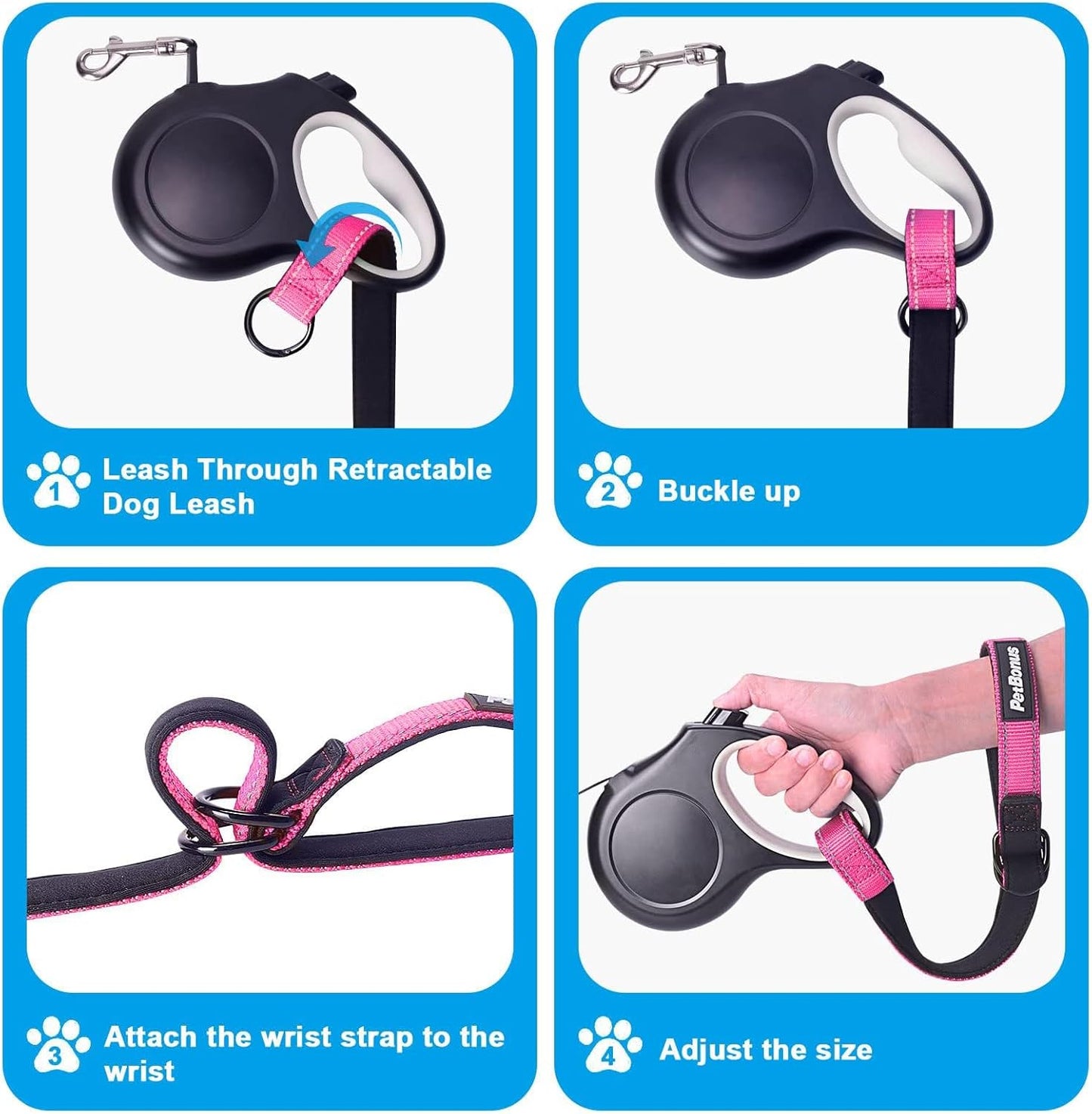 PetBonus 2 Packs Short Dog Leash, Safety Wrist Strap for Retractable Dog Leash, Reflective Design and Adjustable Soft Padded Handle, Extra Layer Security for Pet Stroller (Pink, Pink)
