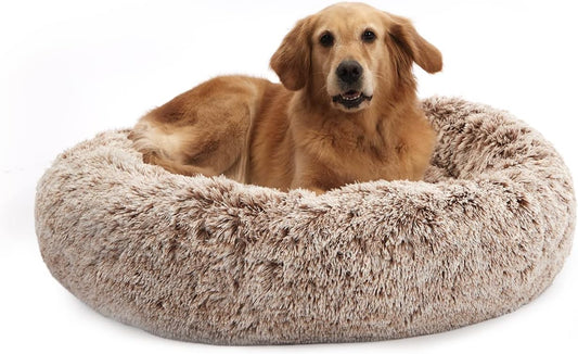 Bedfolks Calming Donut Dog Bed, 36 Inches Round Fluffy for Large Dogs, Anti-Anxiety Plush, Machine Washable (Brown, Large)