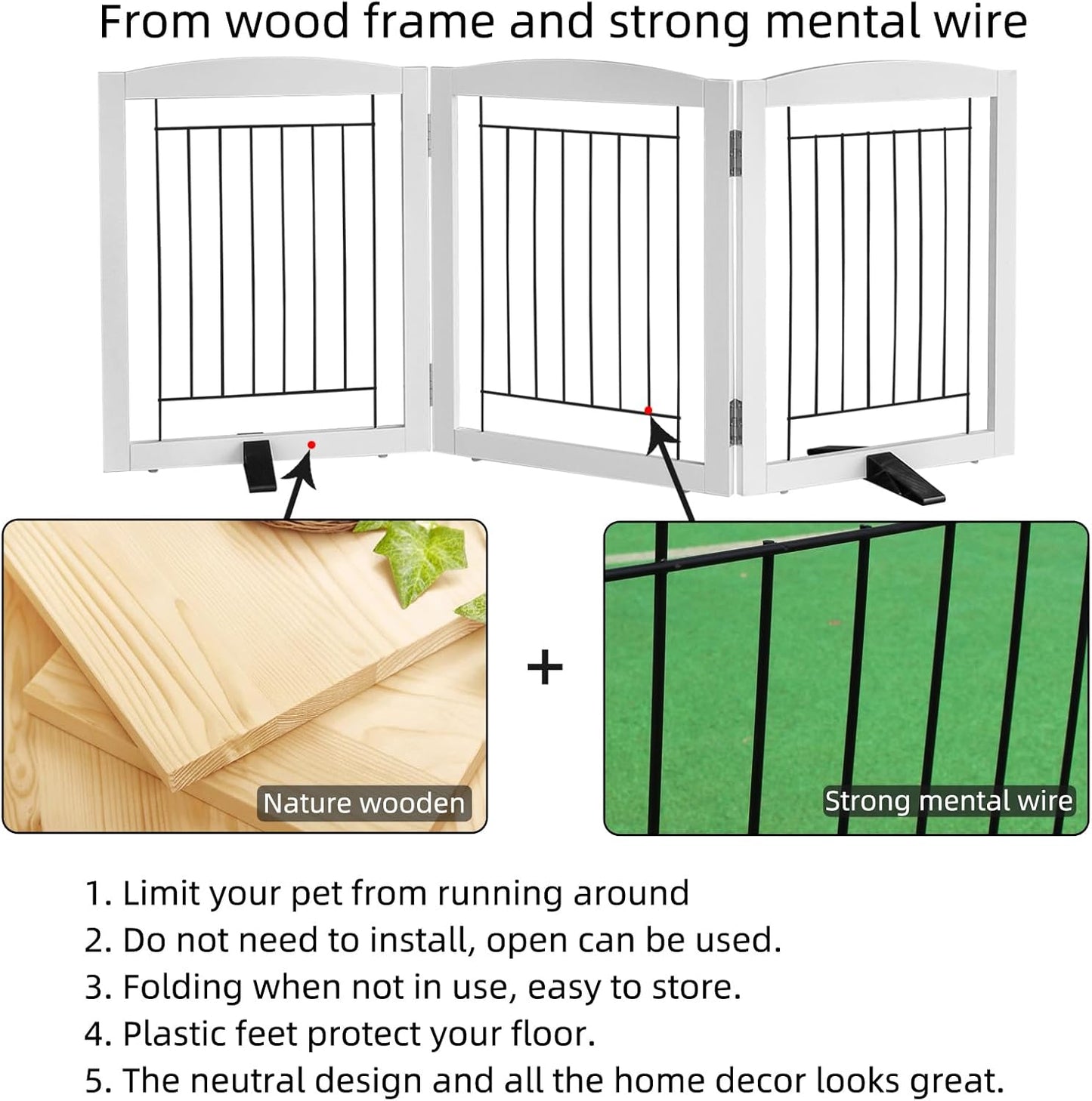 ZJSF Freestanding Dog Fence Indoor, Foldable Dog Gate for Doorways, Stairs or Hallways, Sturdy Wood Extra Wide Pet Gate with Support Feet for The House, White, 32 "Height-3 Panels