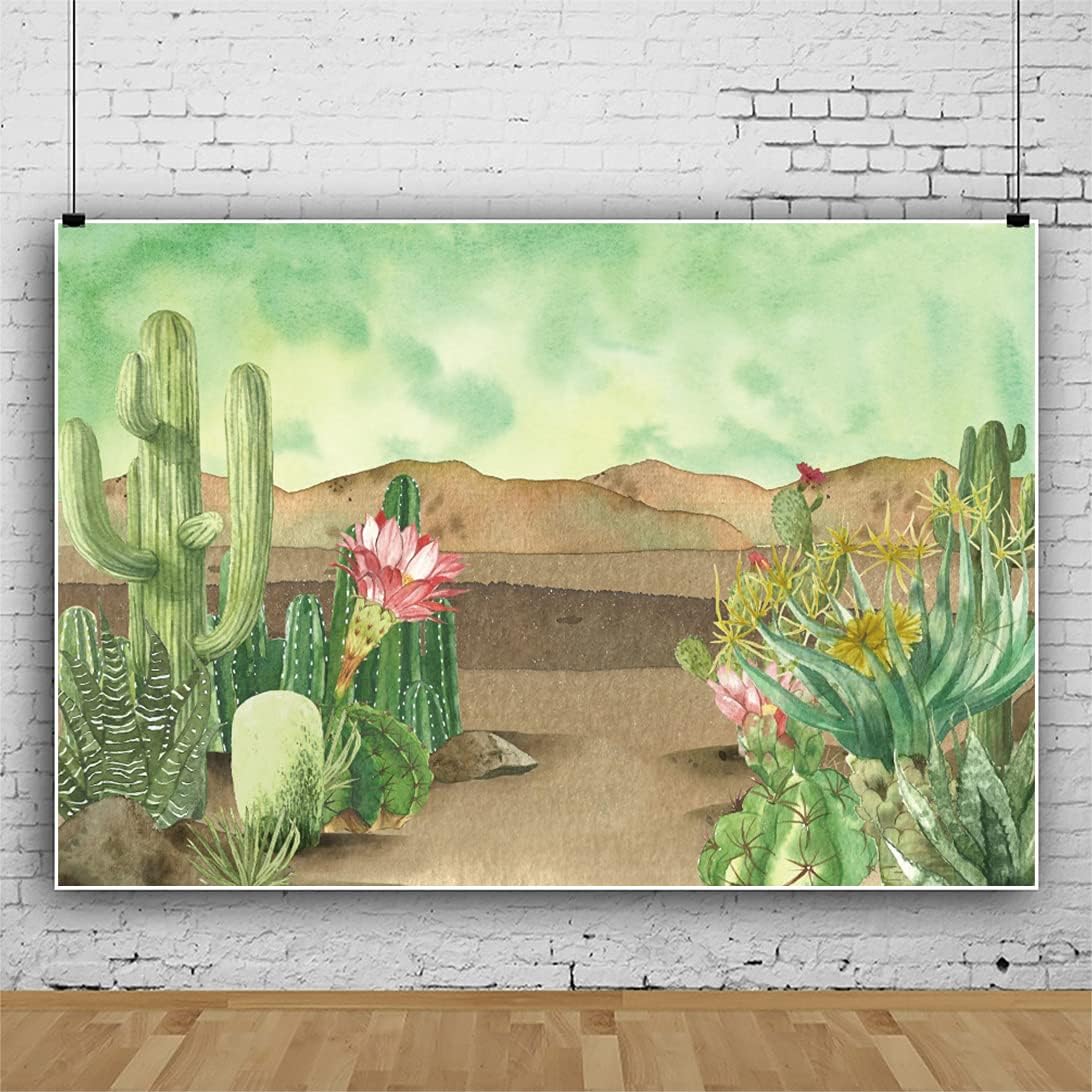 Renaiss 7x5ft Floral Cacti Backdrop Watercolor Aloes Cactus Flowers Desert Scenery Photography Background Botanical Mexican Fiesta Baby Shower Bridal Shower Birthday Party Decors Photo Studio Props
