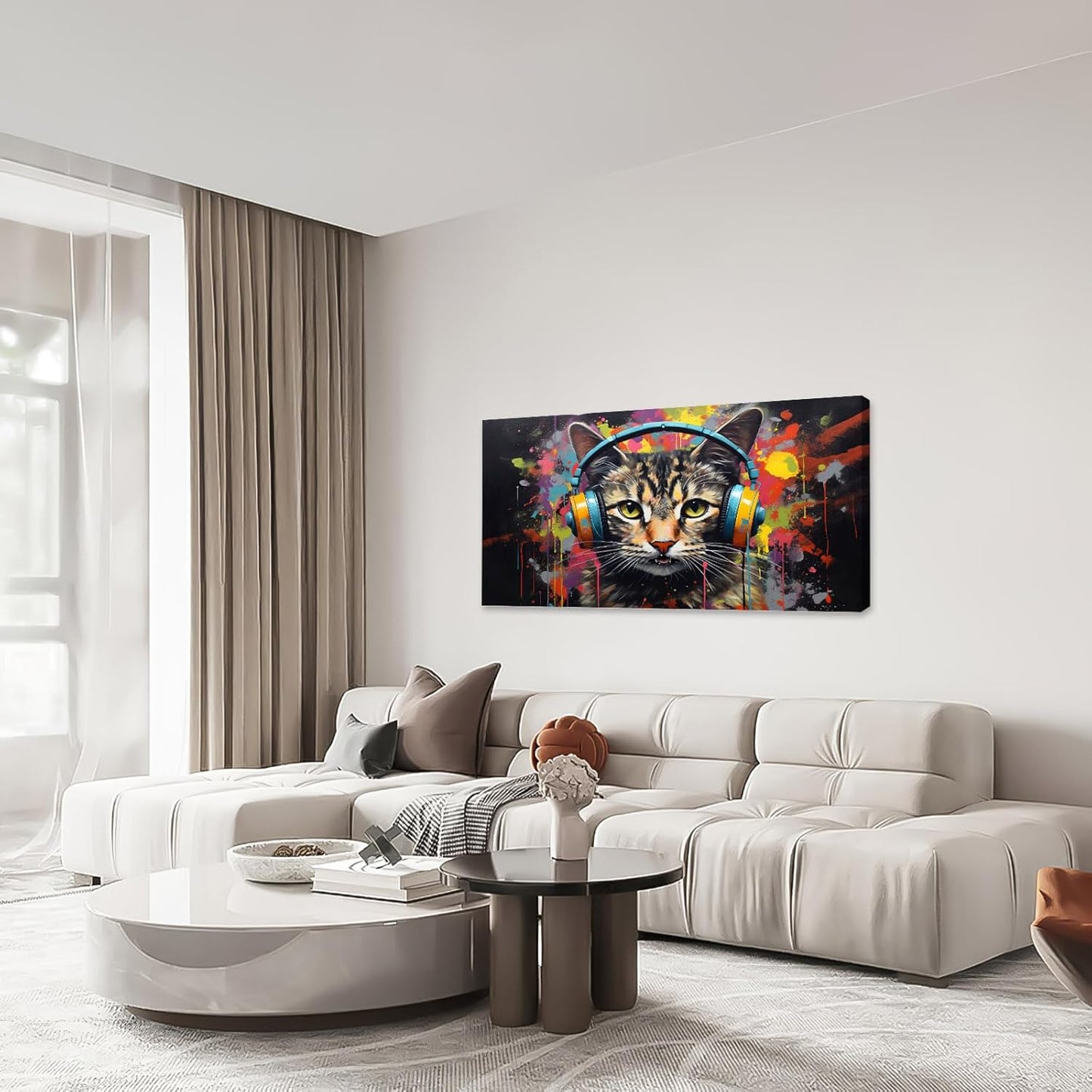 Large Banksy Cat Wall Art Colorful Graffiti Canvas Living Room Pictures Framed Prints Street Pop Modern Wall Decor Painting Artwork for Bedroom Dining Office Home 60"x30"