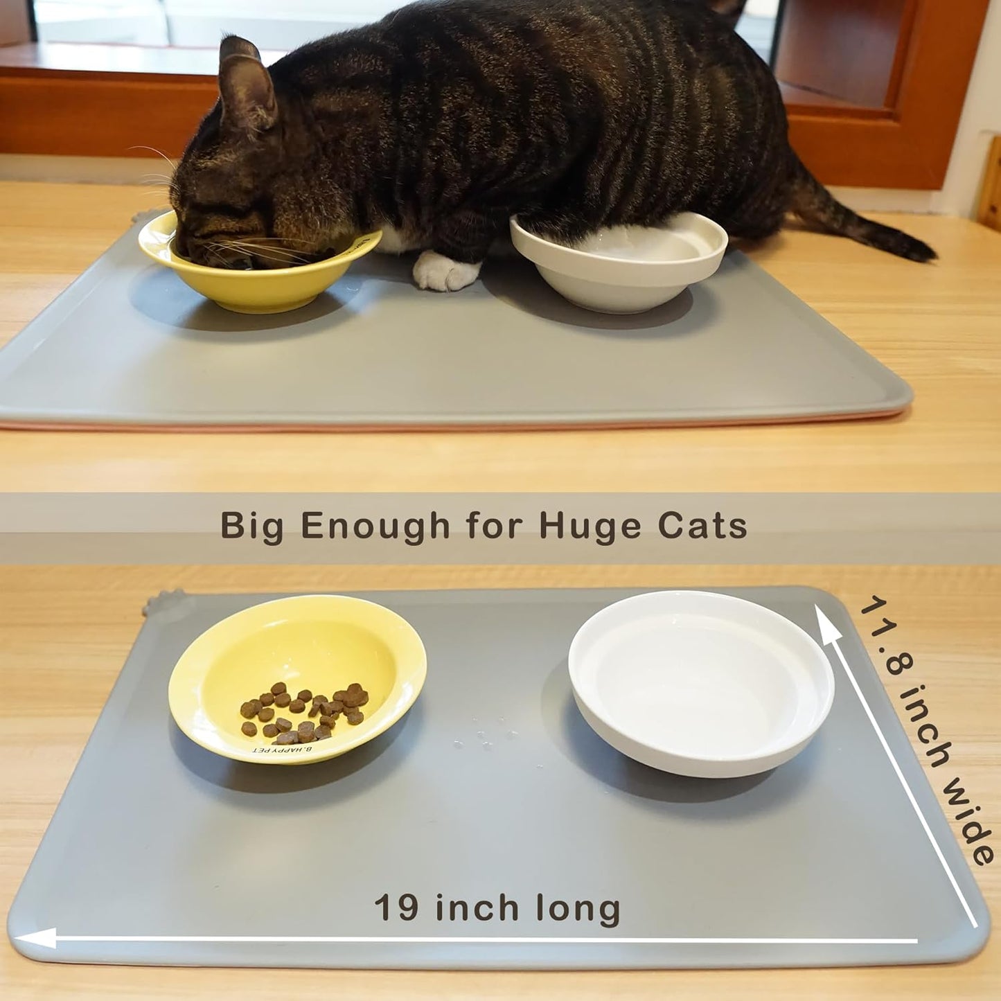 Premium Silicone Dog Food Mat - 19 x 12 Inch,Anti-Slip, Waterproof, Pet Placemat for Food and Water, Prevents Spills, Suitable for Dogs and Cats (Grey)