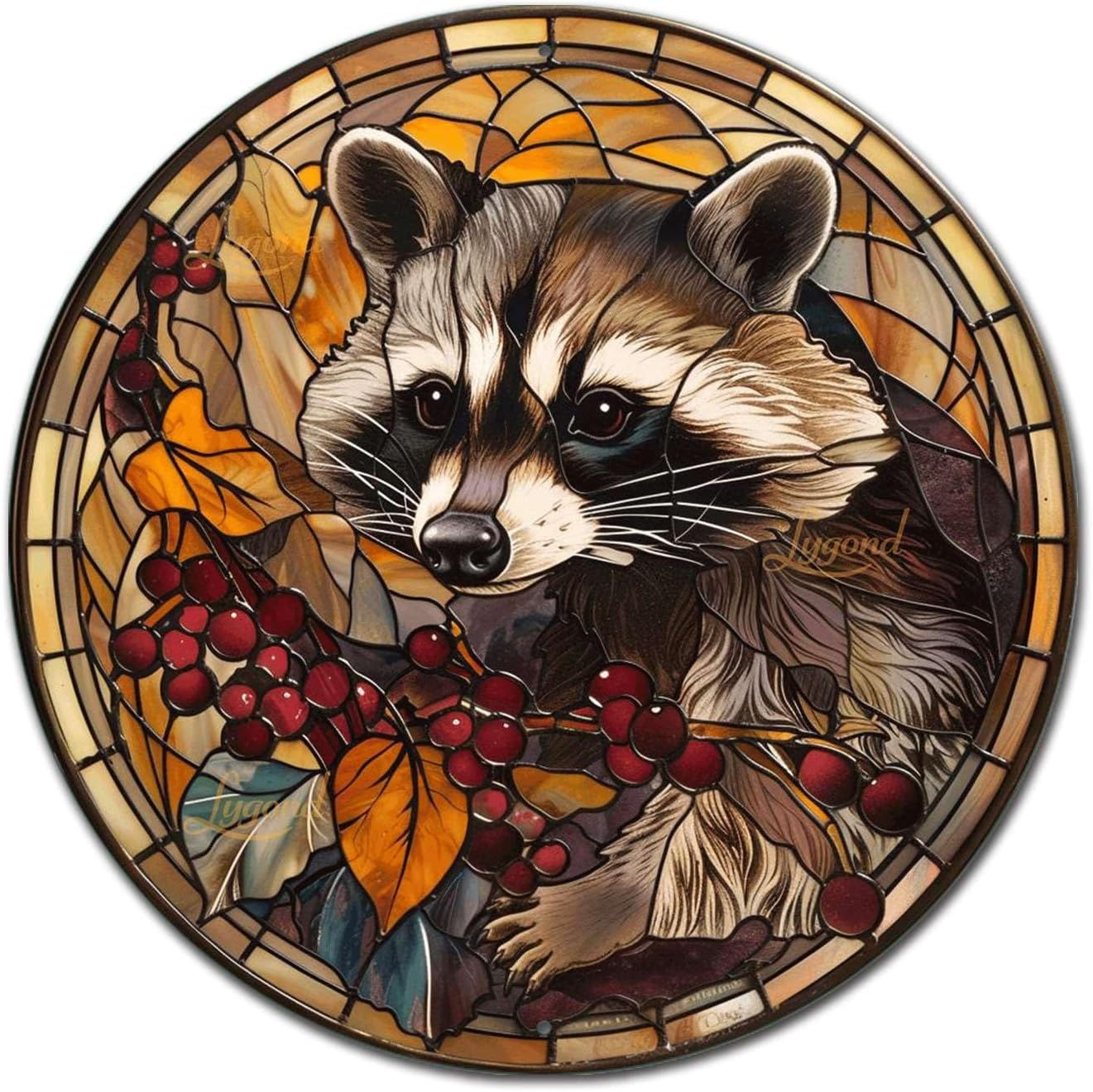 Lygond Metal Sign Tin Sign Circular Stained Glass Raccoon Minimalist Wall Art for Garage 8×8 Inches