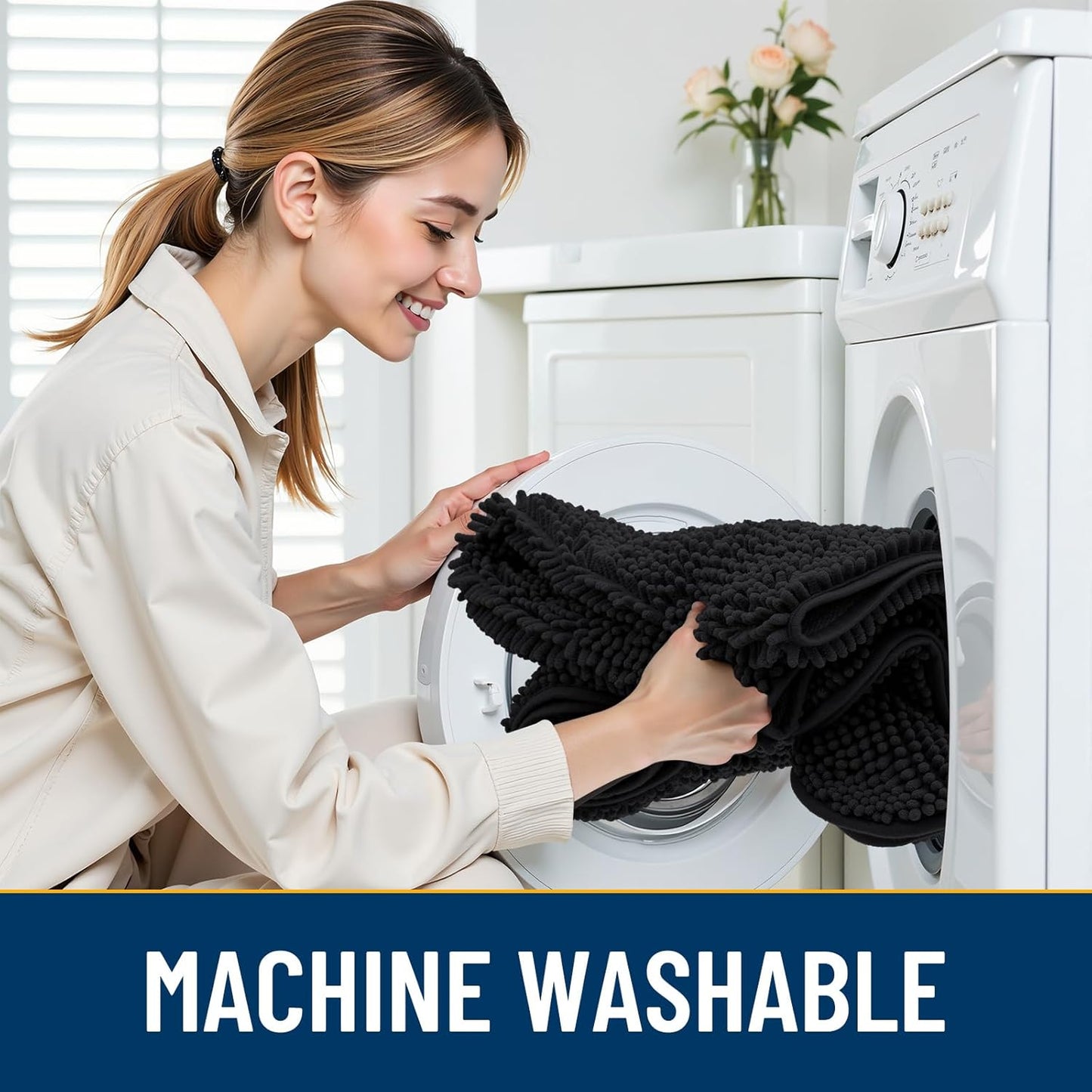 Smiry Dog Door Mat for Muddy Paws 47x24, Absorbs Moisture and Dirt Doormat, Non-Slip Washable Quick Dry Chenille Front Door Mat Indoor Entrance, Entryway Carpet for Inside Floor, Black