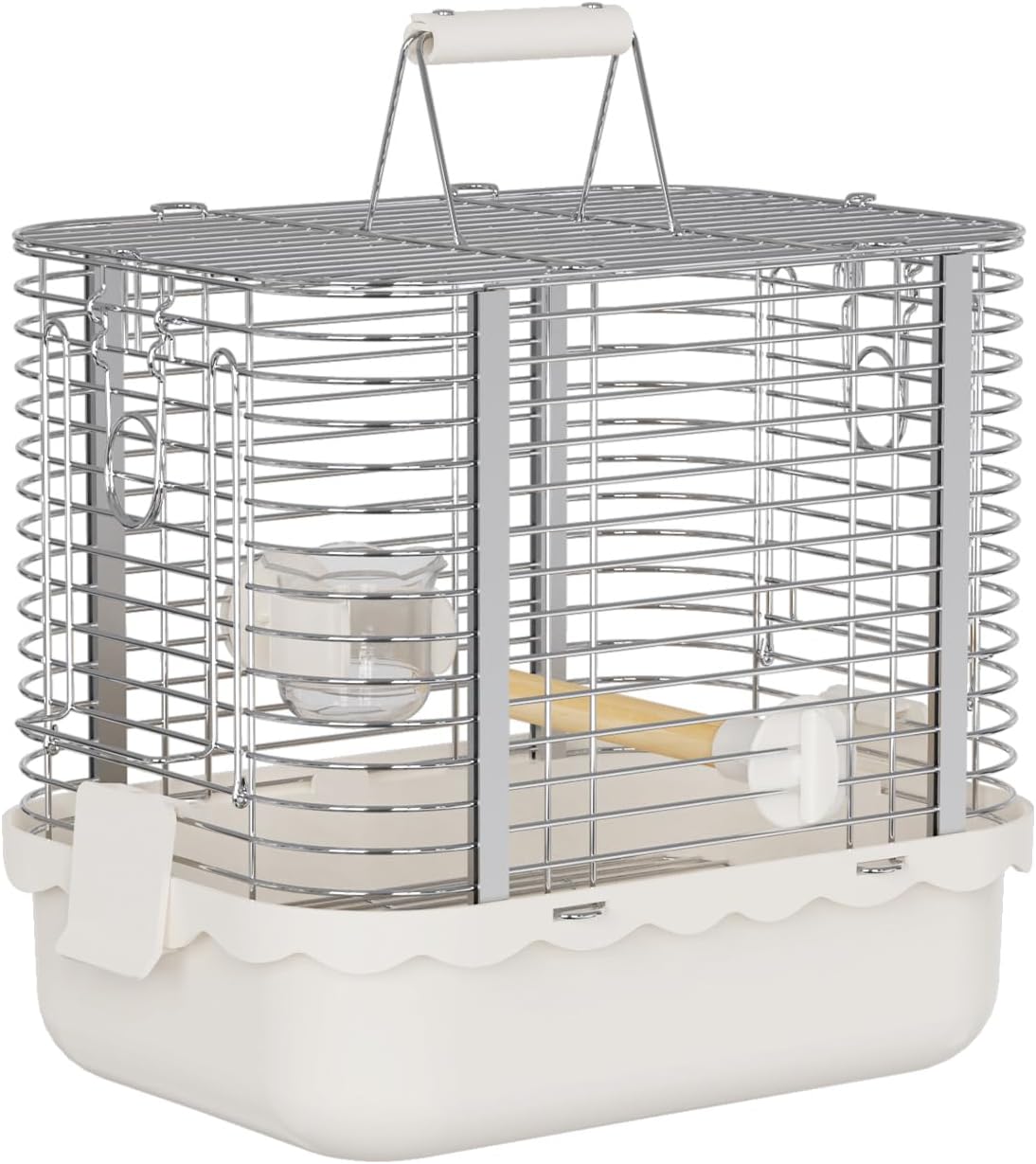 Bird Carrier Travel Cage, Durable Portable Stainless Steel Birdcage with Bird Perch & Feeding Bowl for Parrots Canaries Budgies Lovebirds Conures Cockatiels (Small White)