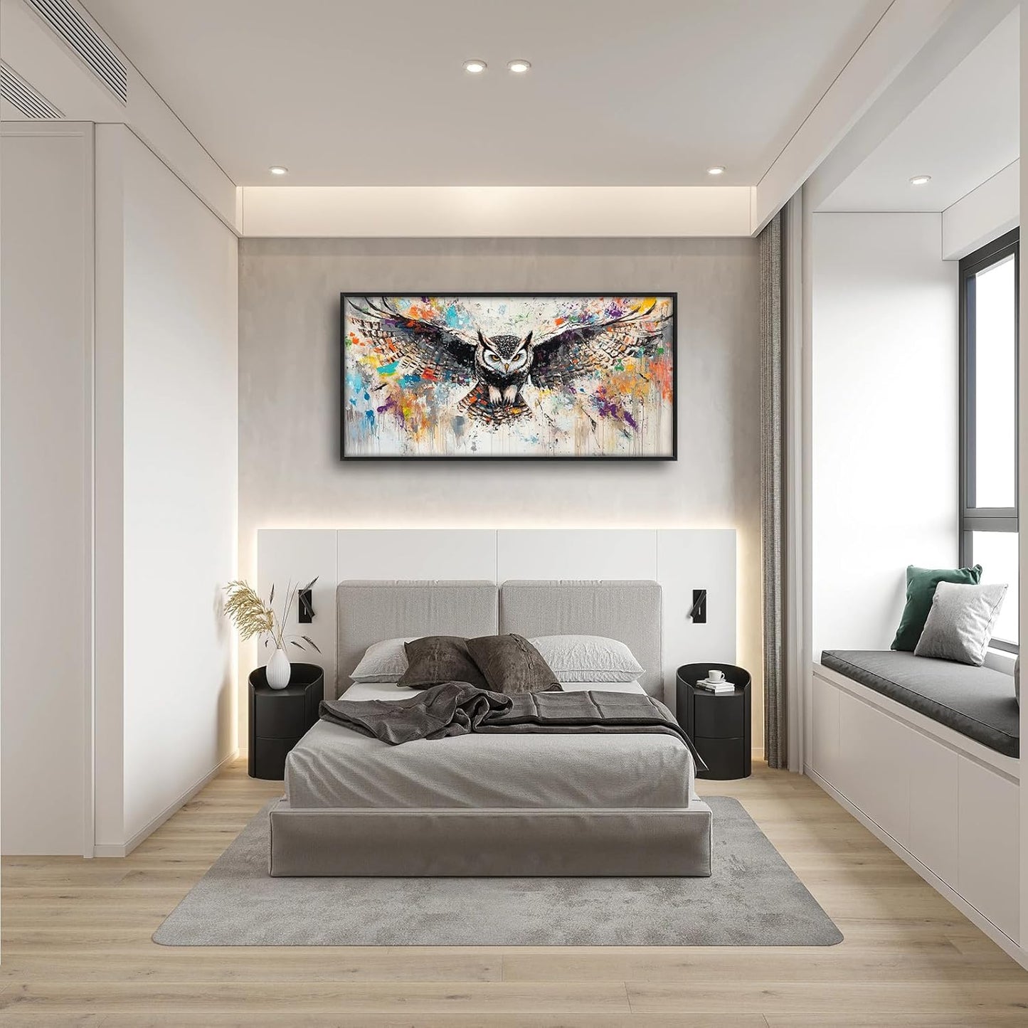 Large Owl Wall Art for Living Room, Framed Oversized Banksy Owl Wall Decor Colorful Wildlife Canvas Painting Animal Pictures Modern Artwork for Living Room Bathroom Bedroom Office Dining Room 60"x30"