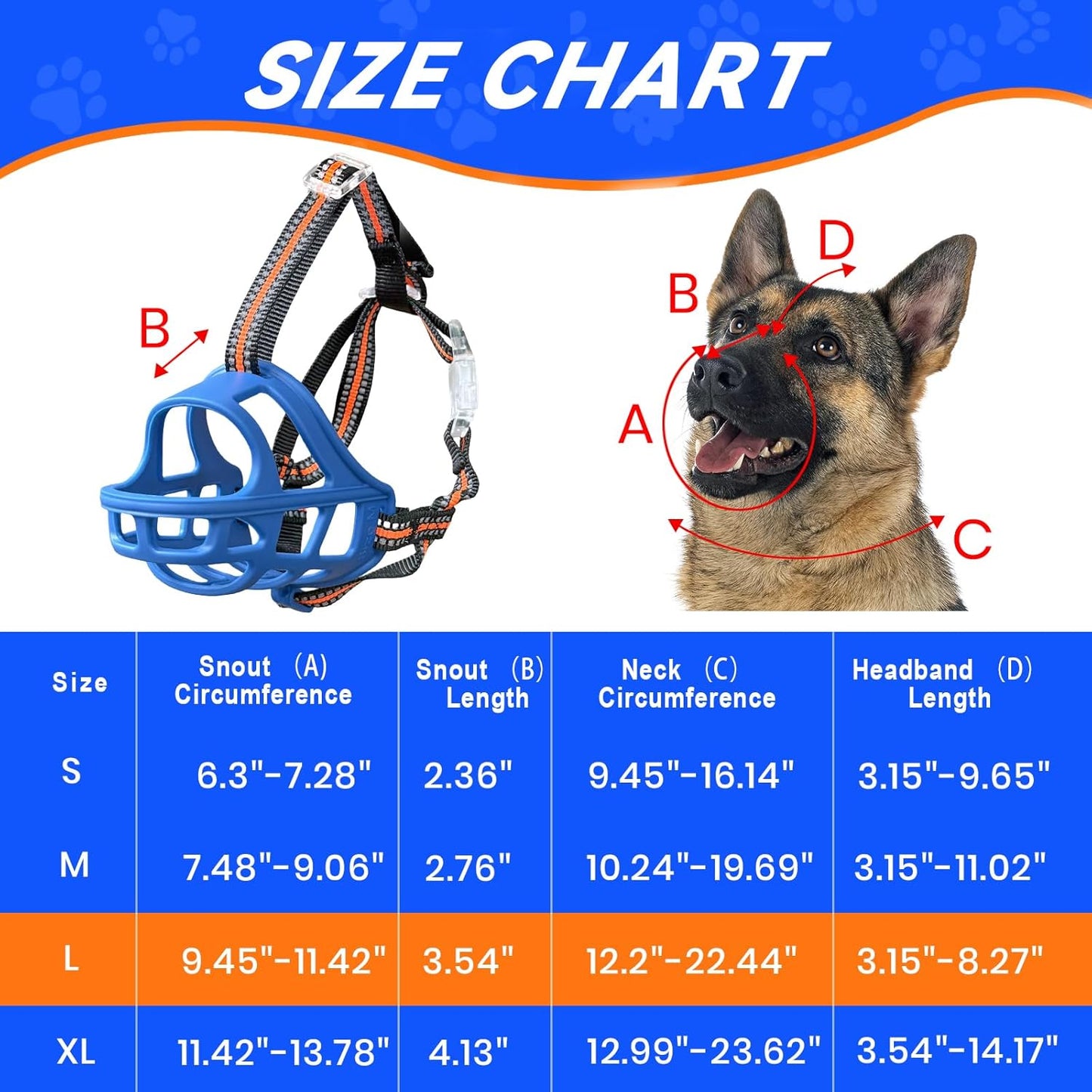Dog Muzzle, Basket Muzzle for Small Medium Large Dogs, Anti-Biting and Chewing, Lightweight & Sturdy Cage Design, Allows Panting & Drinking, Ideal for Grooming & Training(Blue Size L)