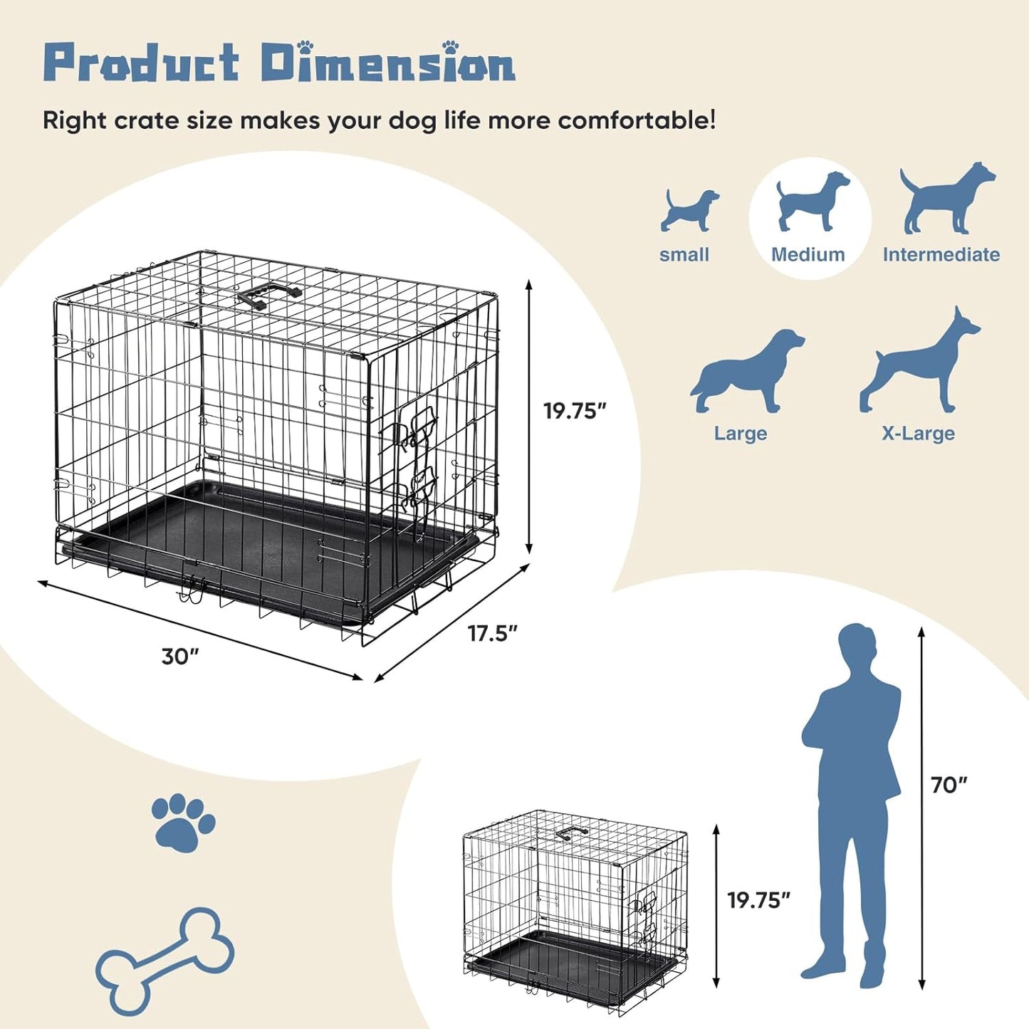 DUMOS Dog Crate, 30 Inch Medium Single Door Dog Cage with Divider Panel and Plastic Leak-Proof Pan Tray, Folding Metal Wire Pet Kennel for Indoor, Outdoor, Travel