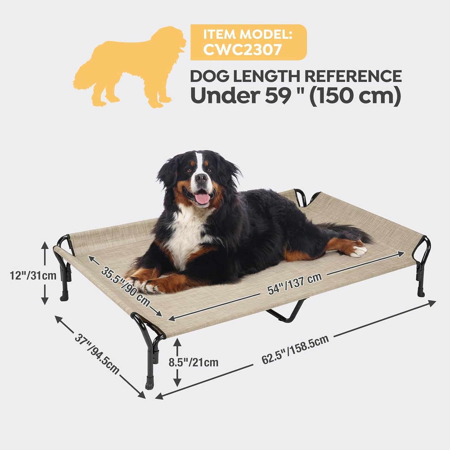 Veehoo Cooling Elevated Dog Bed, Guardrail Raised Pet Cot, Indoor & Outdoor XXL Pet Bed with Washable & Breathable Teslin Mesh, Non-Slip Feet, Dog Couch Bed, 62.5" x 37", Beige Coffee