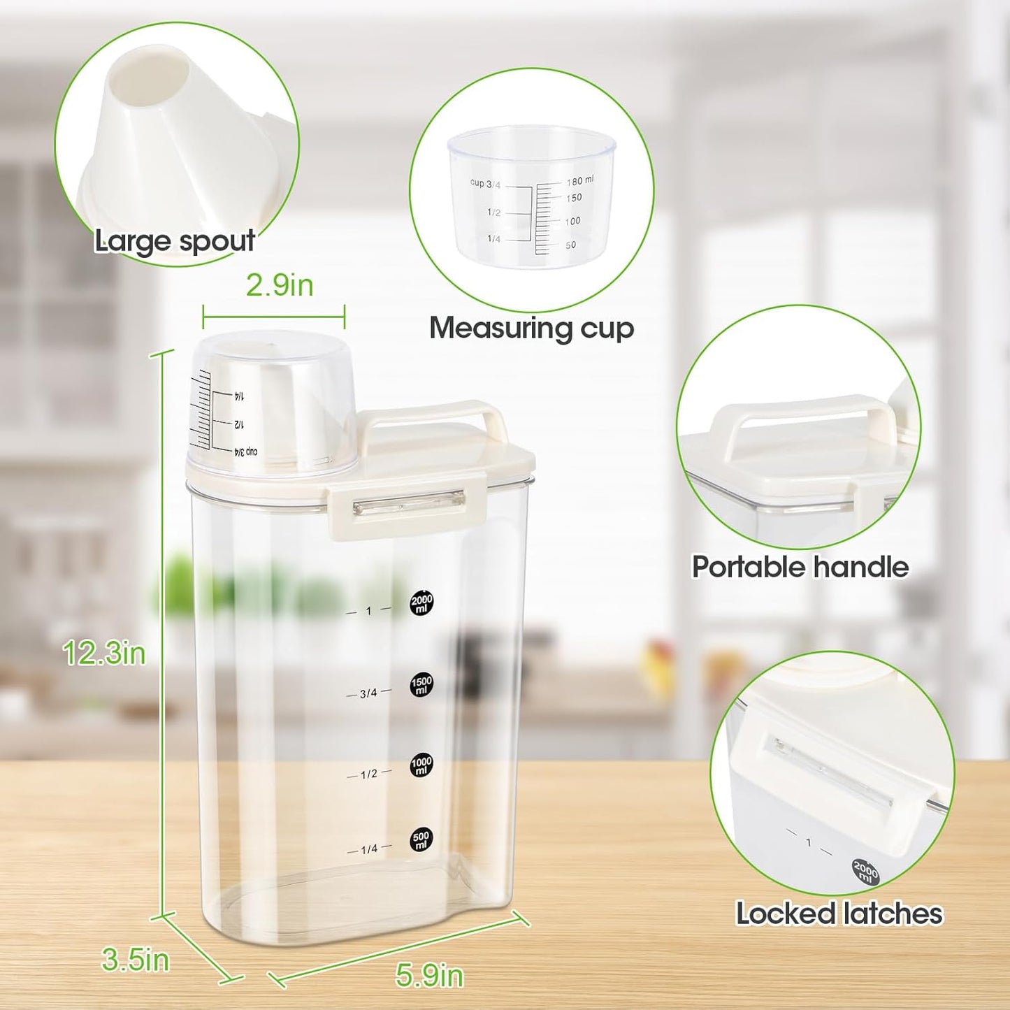 TBMax Rice Container Cereal Storage Container 2.64Qt, Upgraded Crystal-Clear PET Plastic Kitchen Pantry Food Storage Container with Cup & Off White Lid, Small Pet Dog Cat Food Container Dispenser