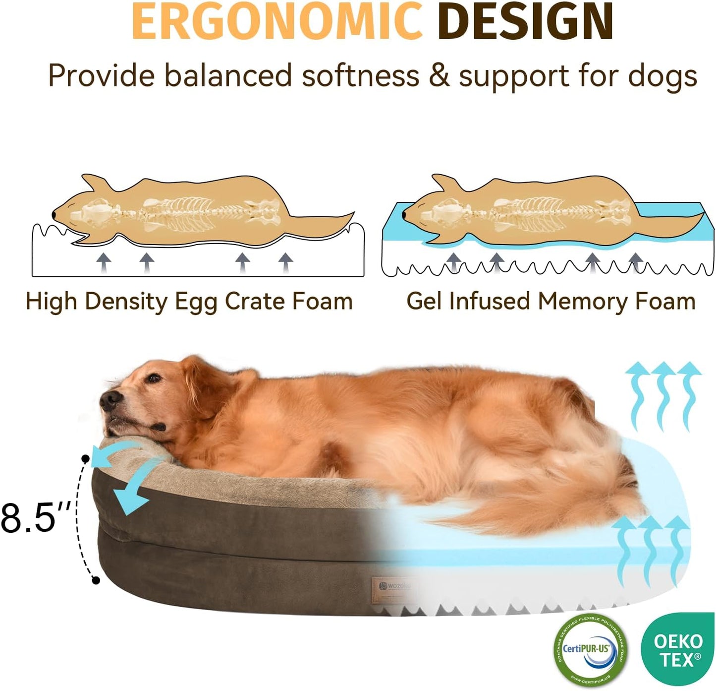 Orthopedic Washable Large Dog Bed: Cooling Dog Bed with Bolsters - Jumbo Bed Waterproof Removable Cover Non-Slip Pet Bed for Extra Large Sized - Coffee