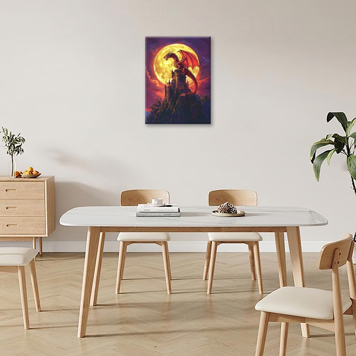 Dragon Bathroom Pictures Wall Art, Red Dragon Castle Bathroom Wall Decor, Framed Painting Canvas Artwork for Bedroom Living Room Decorations 16"L x 12"W