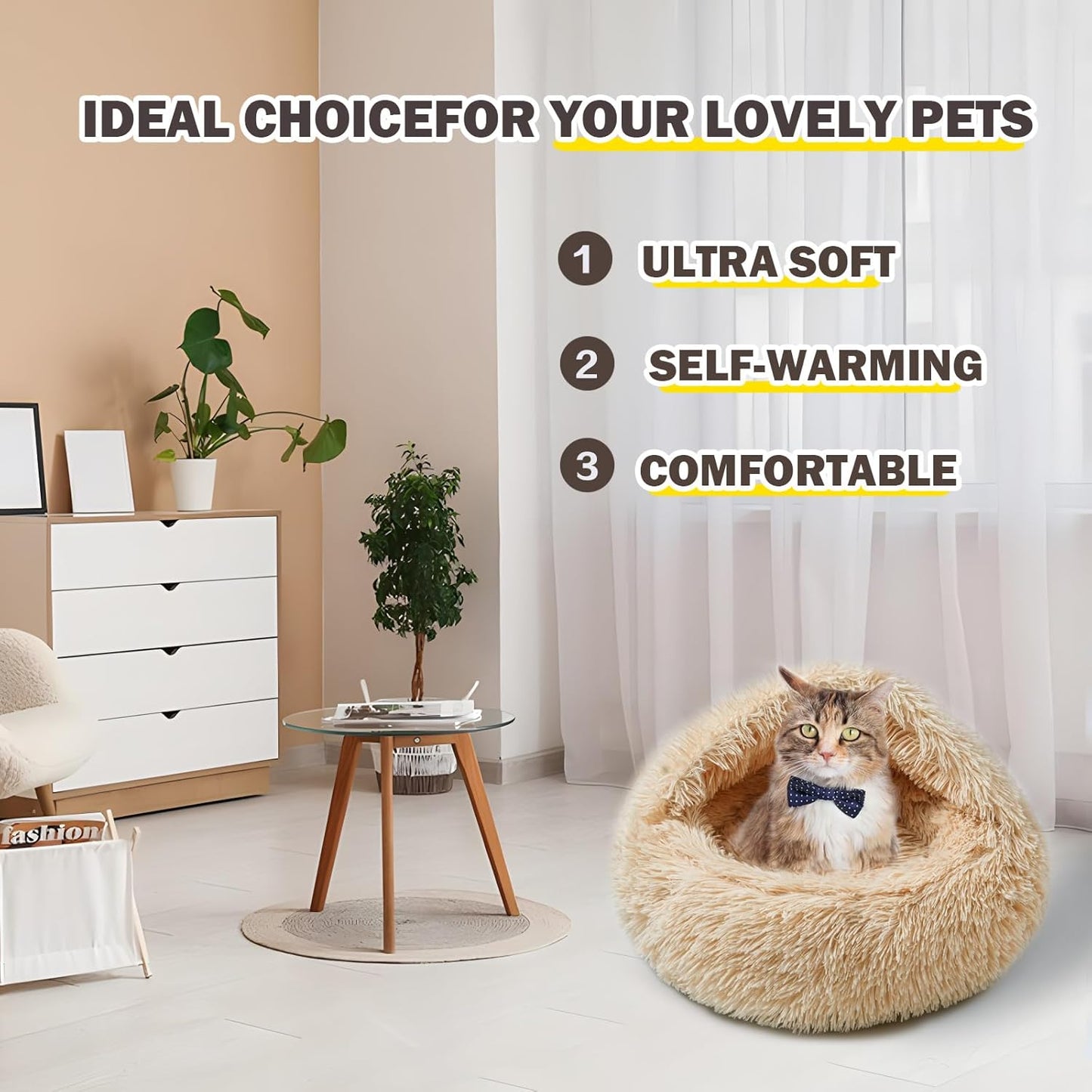 Cat Bed for Indoor Cats, Calming Cozy Cave with Self-Warming Plush, Entire Bed Machine Washable & Anti-Slip Base, Breathable Pet Bed for Small Cats&Dogs All Seasons (Apricot Color, 20 * 20inch)
