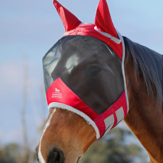 Harrison Howard CareMaster Pro Luminous Horse Fly Mask Standard with Ears UV Protection for Horse Red Full Size