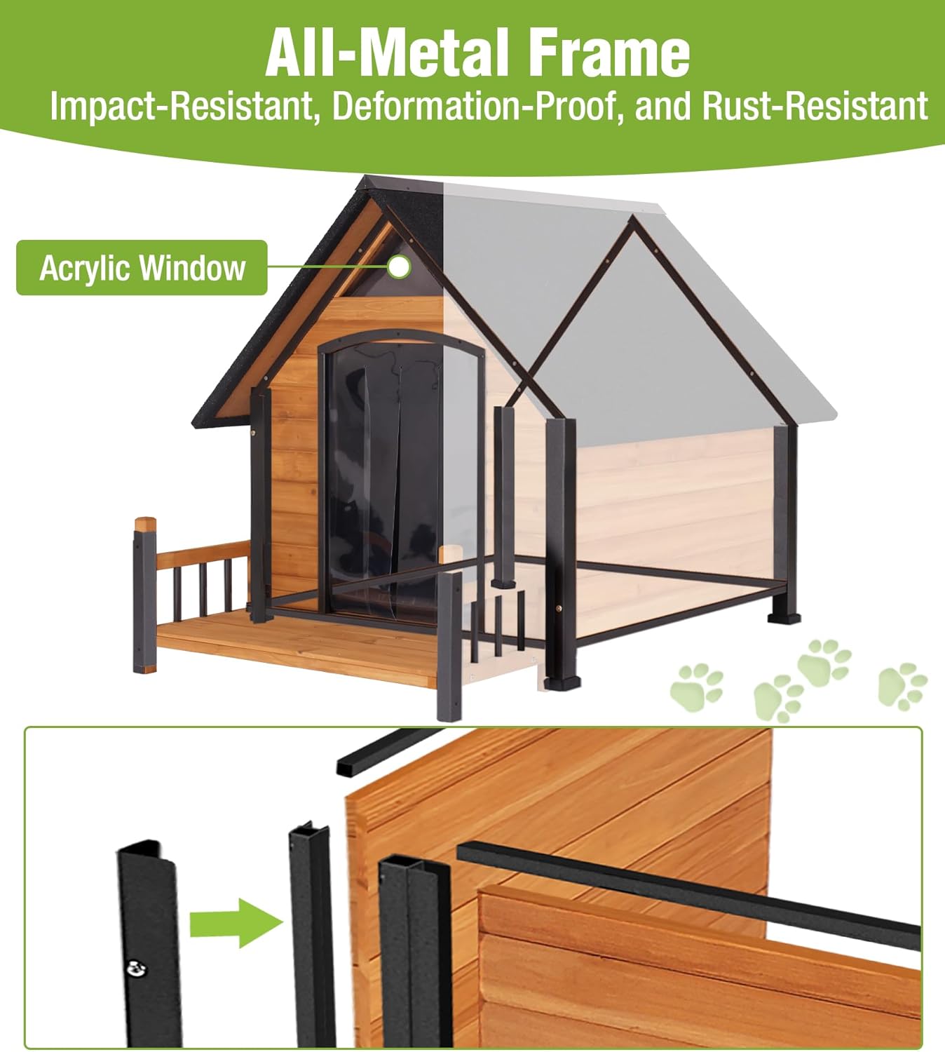 Large Dog House Outdoor Weatherproof with Porch, All-Metal Frame Chew-Proof Dog Kennel with Asphalt Roof, for Small Medium Large Dogs