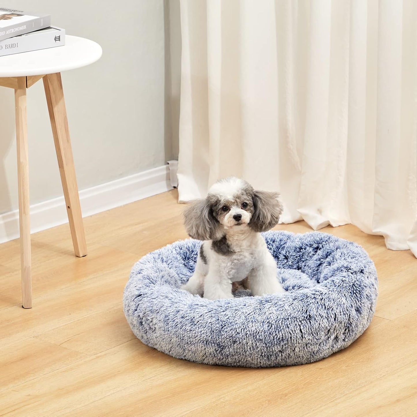 Bedfolks Calming Donut Dog Bed, 23 Inches Round Fluffy Dog Beds for Small Dogs, Machine Washable Anti-Anxiety Plush Puppy Bed（Navy Blue, Small）