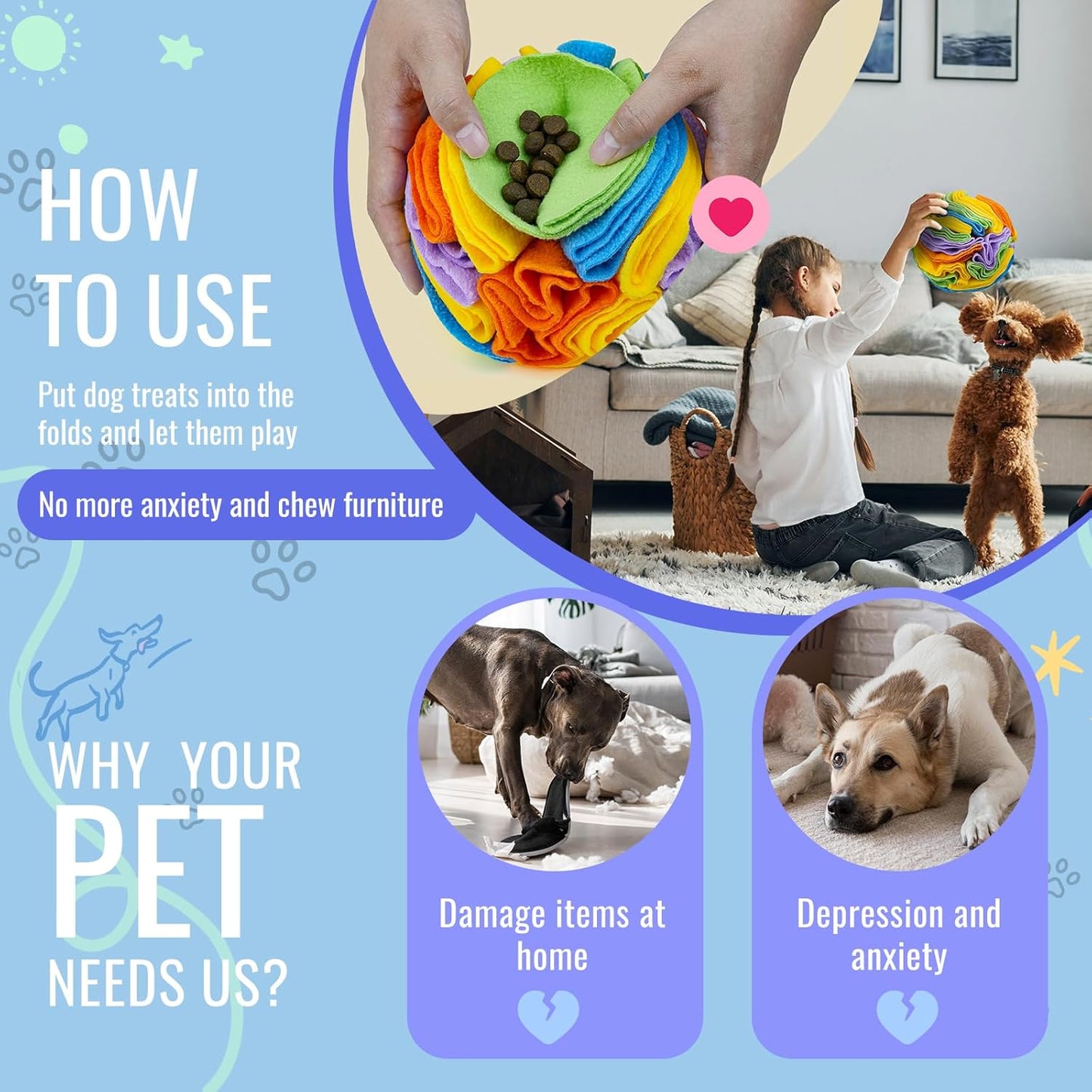 Pet Snuffle Ball, Puzzle Sniffing Interactive Dog Ball for Blind Dogs Training Stress Relief Dog Enrichment Toys Treat Machine Washable (Sweet Purple, 10cm)