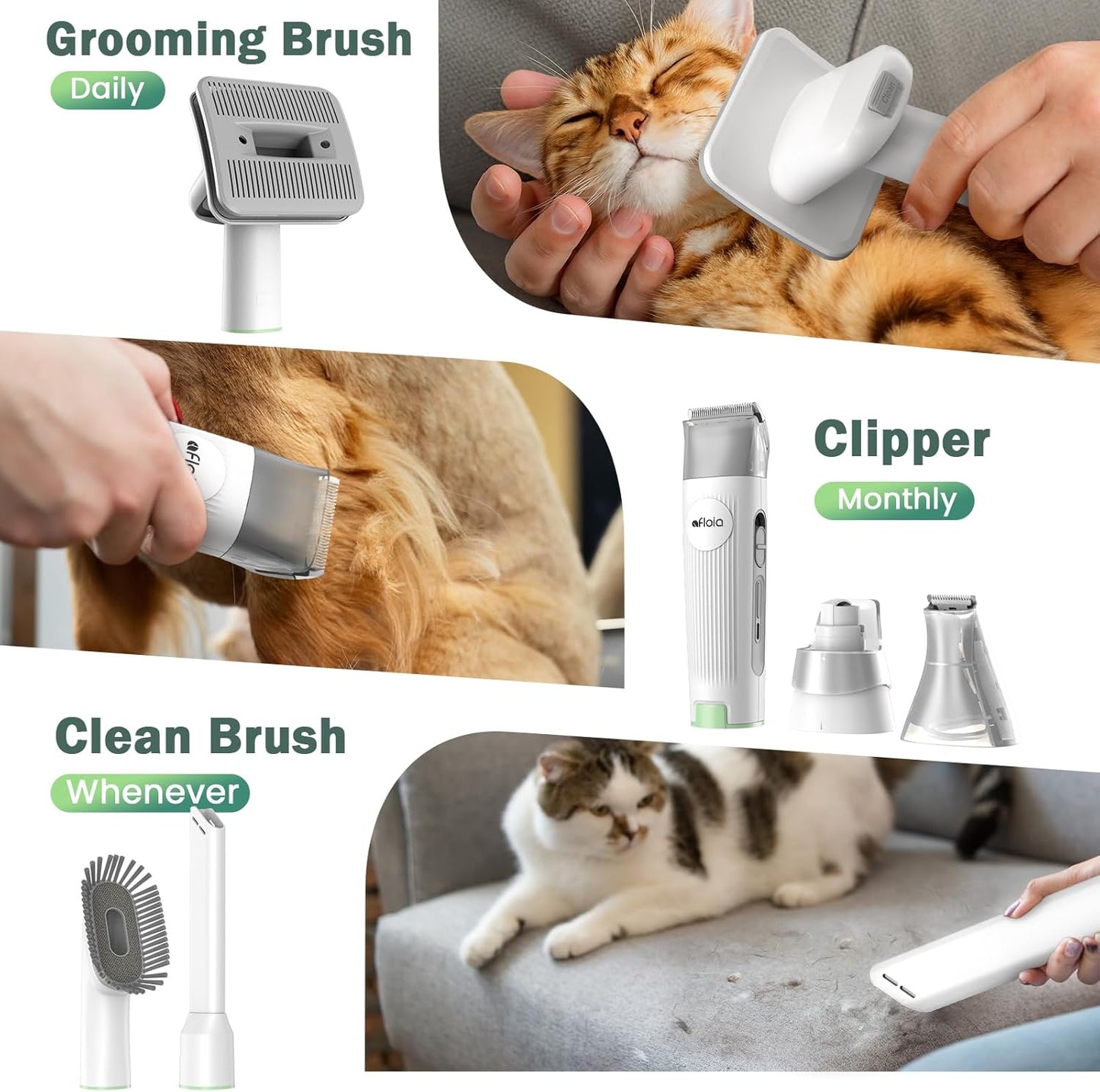 Afloia 6-in-1 Dog Grooming Kit, Pet Grooming Vacuum for Shedding, Dog Hair Vacuum with Clipper Nail Trimmer Grinder, Pet Brush Groomer at Home, Low Noise Cats Hair Remover, 1.5L Dust Cup, Green